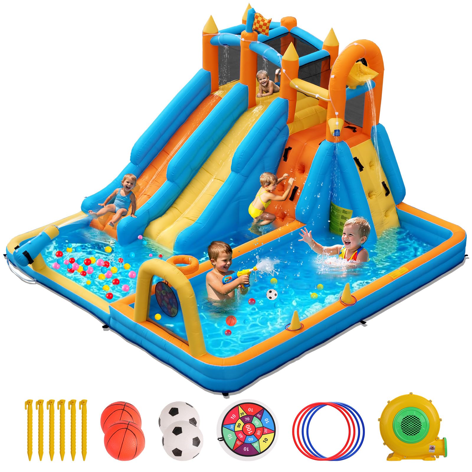 FOOING Castello Gonfiabile con 2 Scivoli Acquatici, Parete Arrampicata, Canestro Basket, Giochi da Giardino per Bambini, Piscina Esterna con Rete di Sicurezza per Feste All'aperto