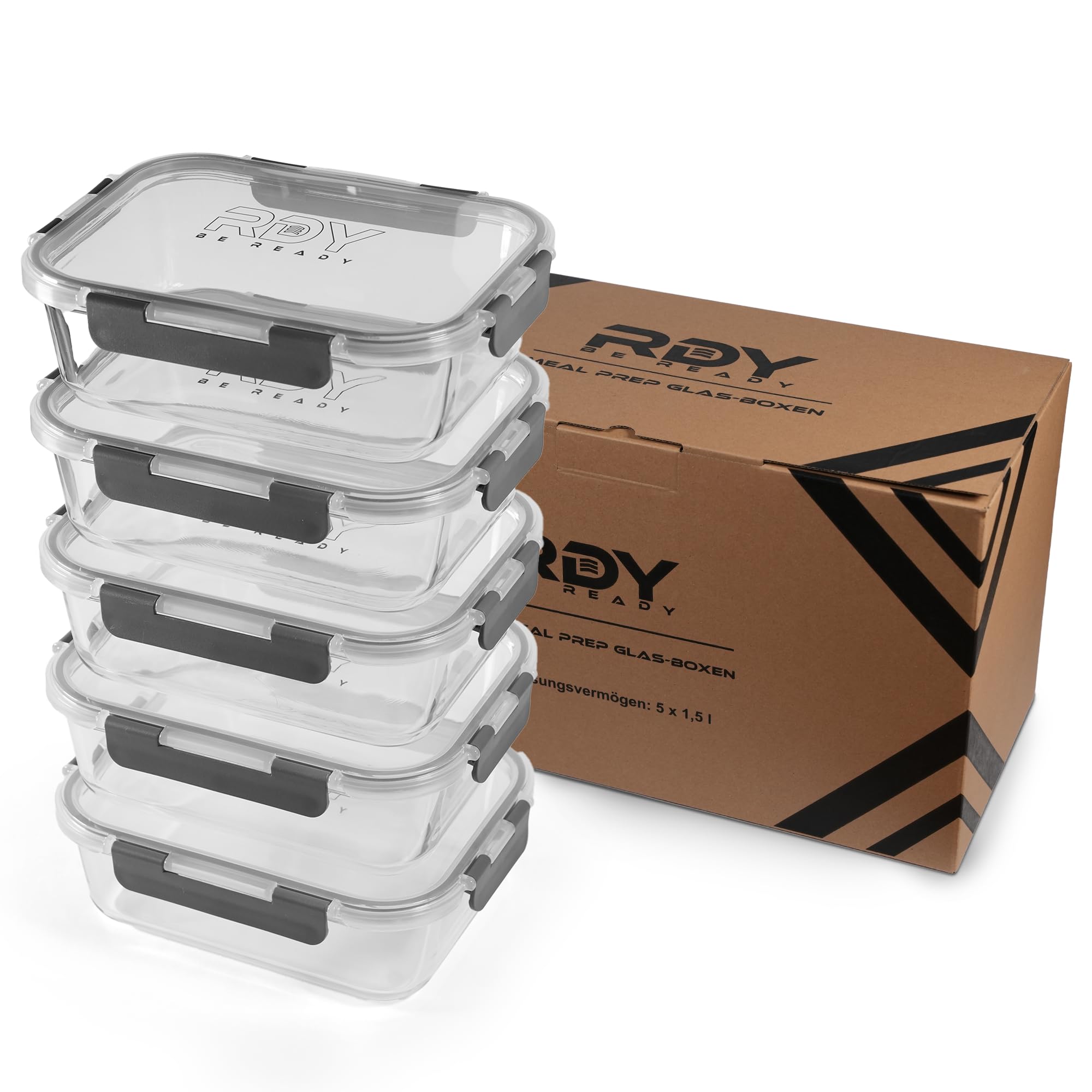 Rdy® Meal Prep Set 5 Scatole Vetro Ermetiche 1500ml