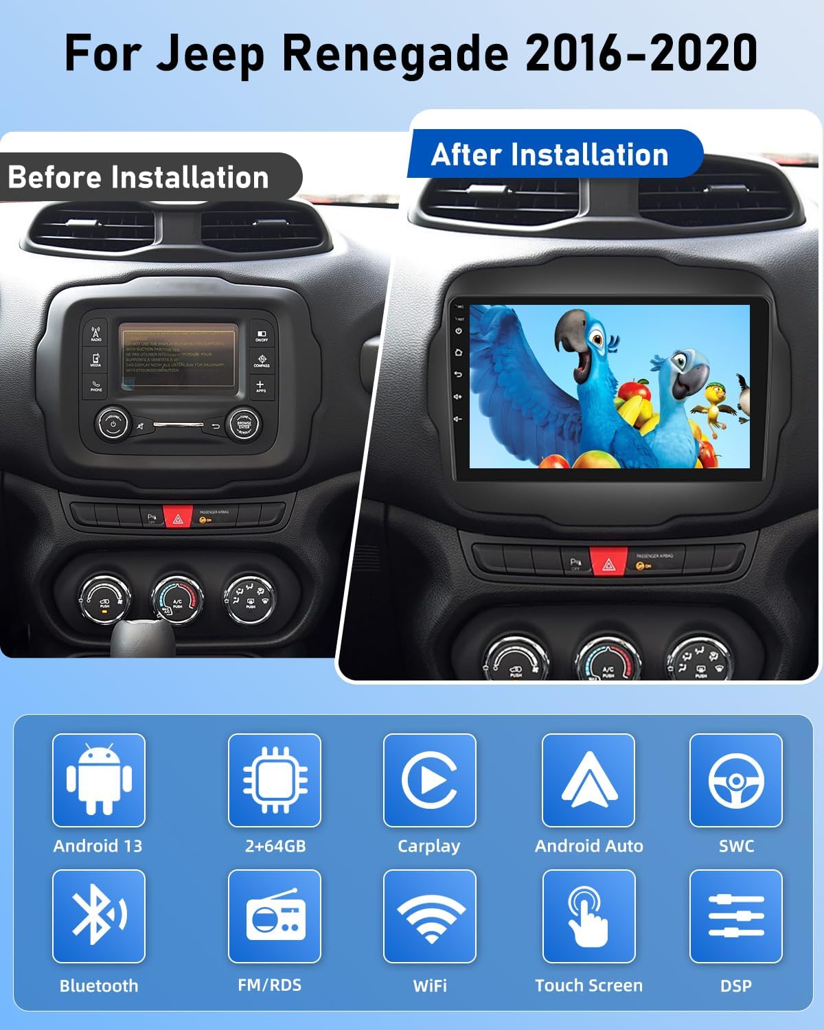 Nhopeew Autoradio Android 13 per Jeep Renegade 2016-2020 - immagine 2