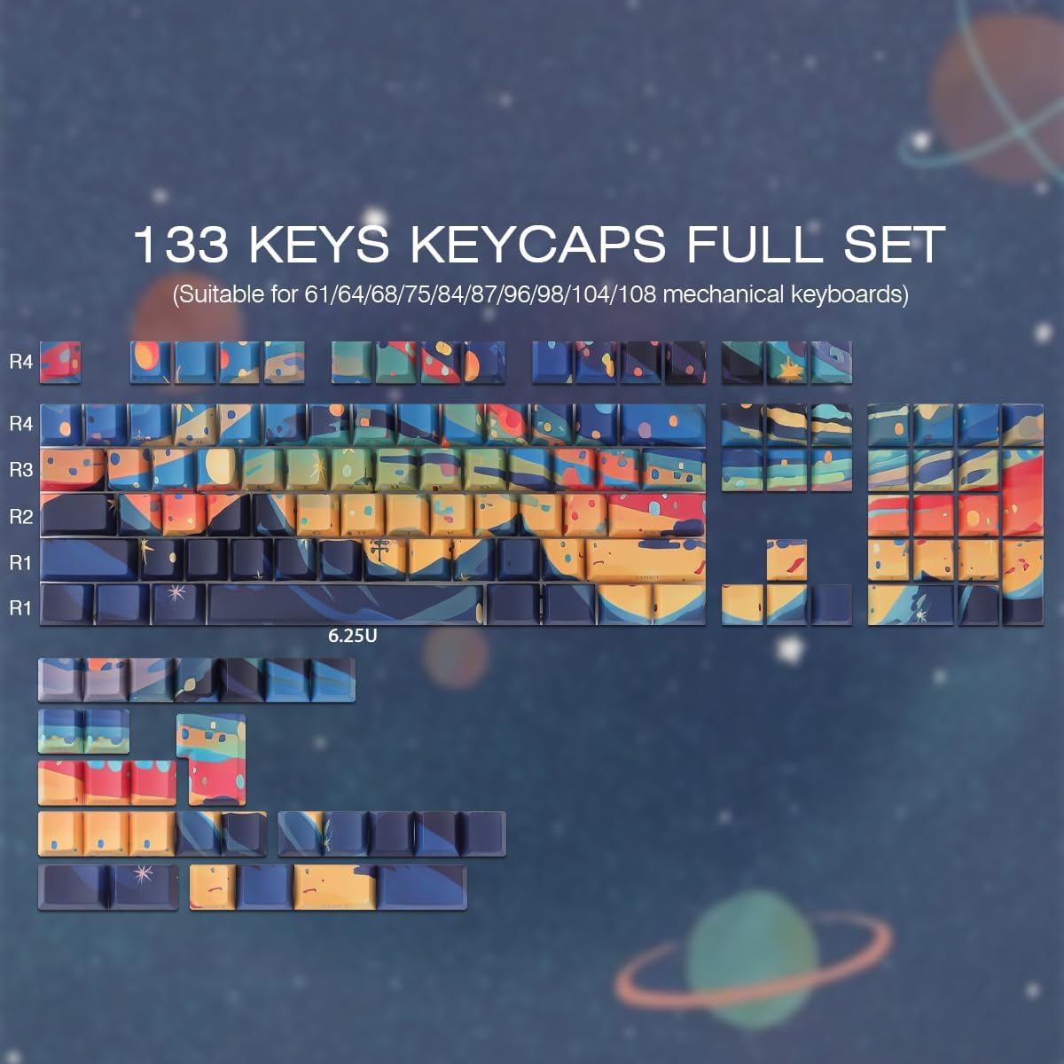 PBT Keycaps 133 Keys Double Shot Starry Sky Keycaps, Shine Through Side Print Keycap, Cherry Profile Dye Sublimation Keycap Keycap for Cherry MX Switch ANSI & ISO Layout Mechanical Keyboard - immagine 4