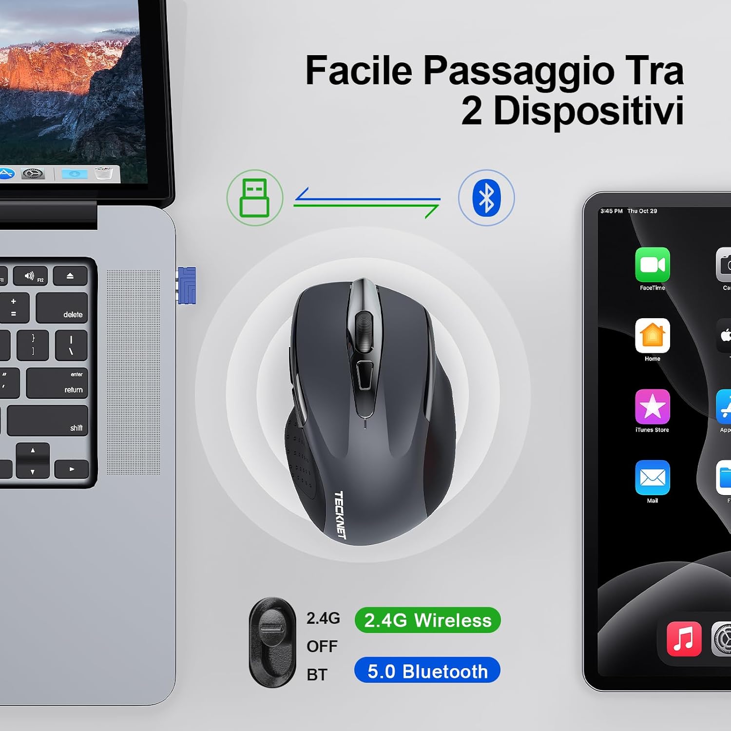 Tecknet Mouse Bluetooth Ricaricabile Multi-dispositivo 4800 DPI - immagine 2