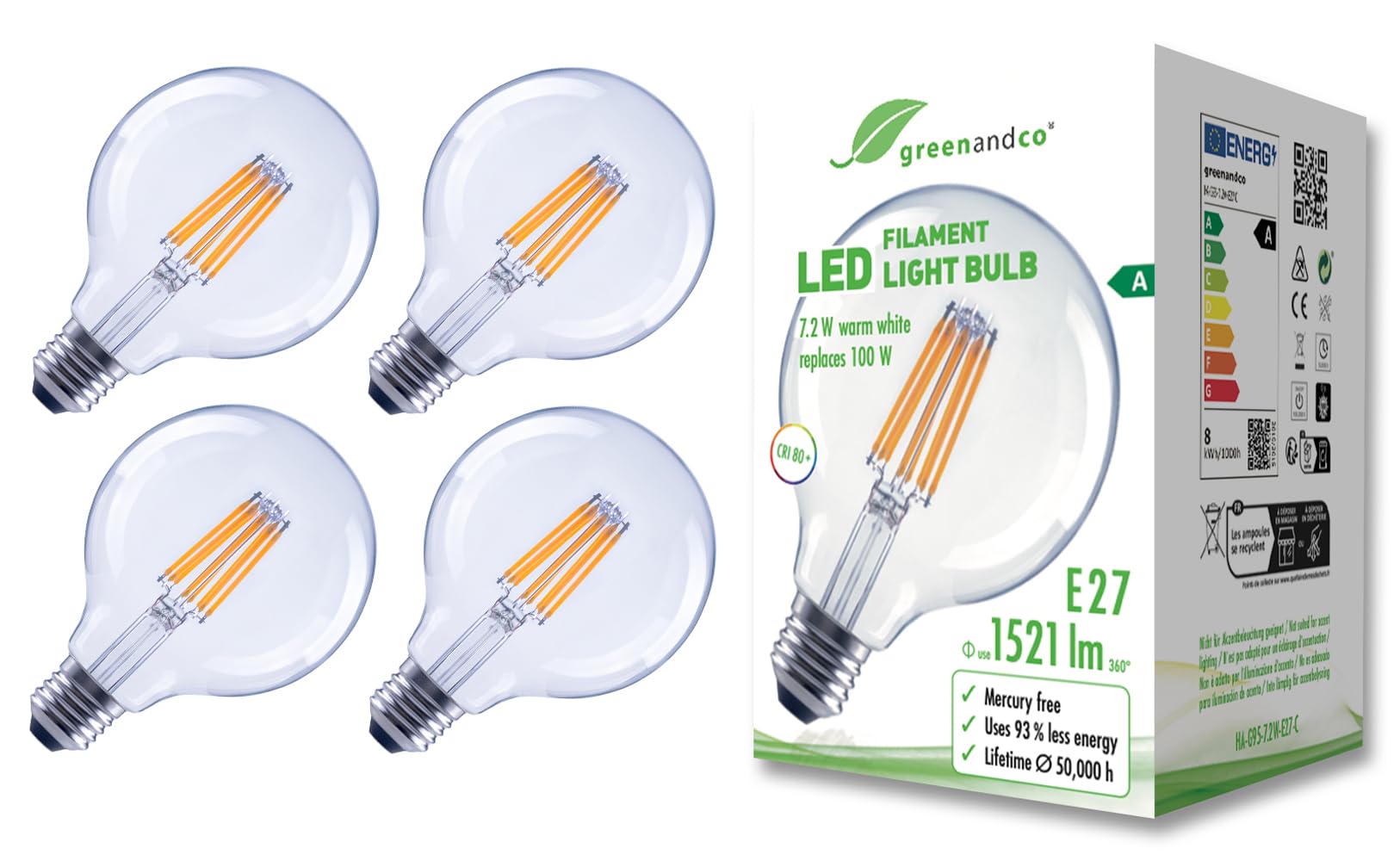 Greenandco 4 Lampadine Filamento LED E27 G95 7,2W