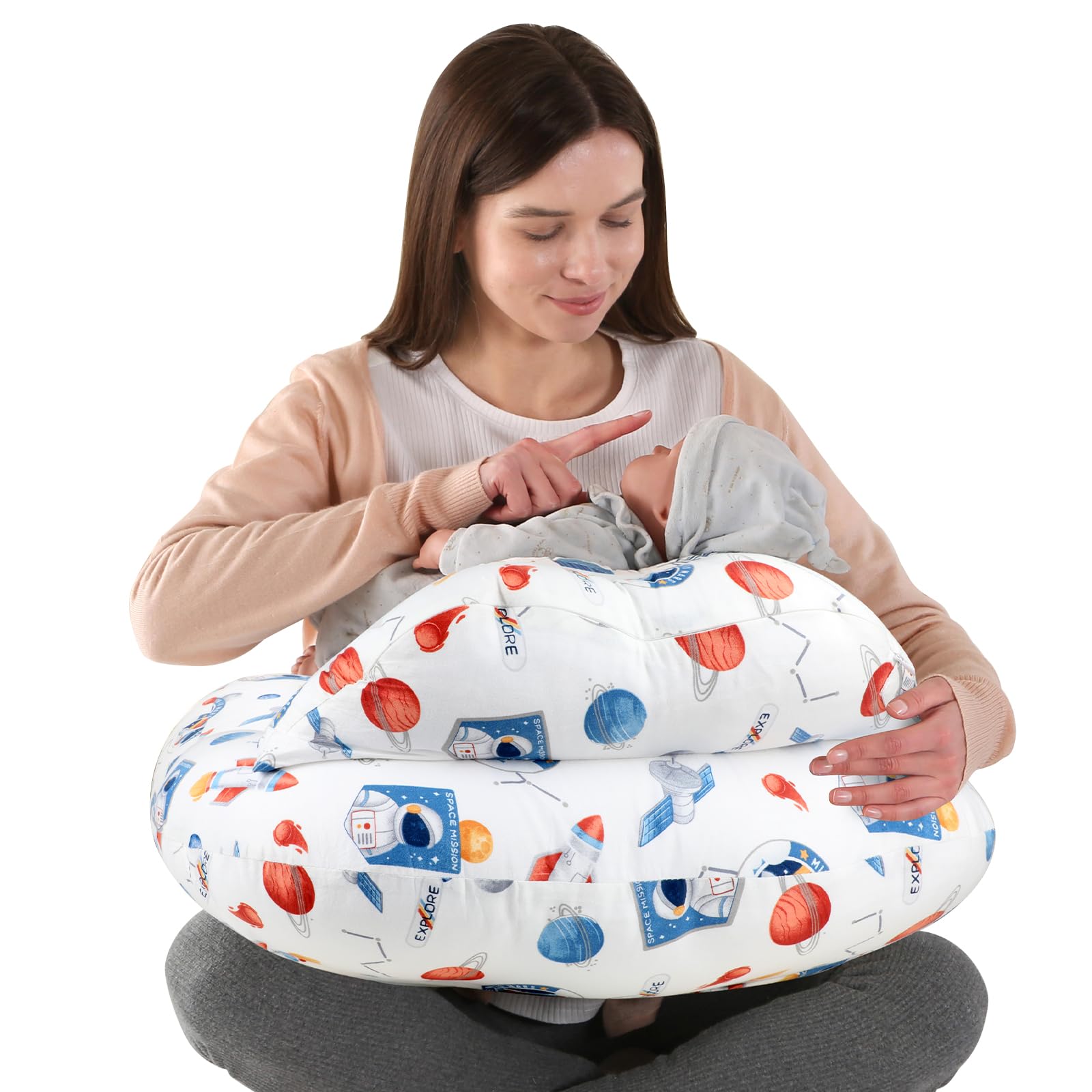 Cuscino per allattamento al seno, multifunzionale, con cinghia regolabile in vita e recinzione di sicurezza, federa rimovibile in 100% cotone, motivo spaziale