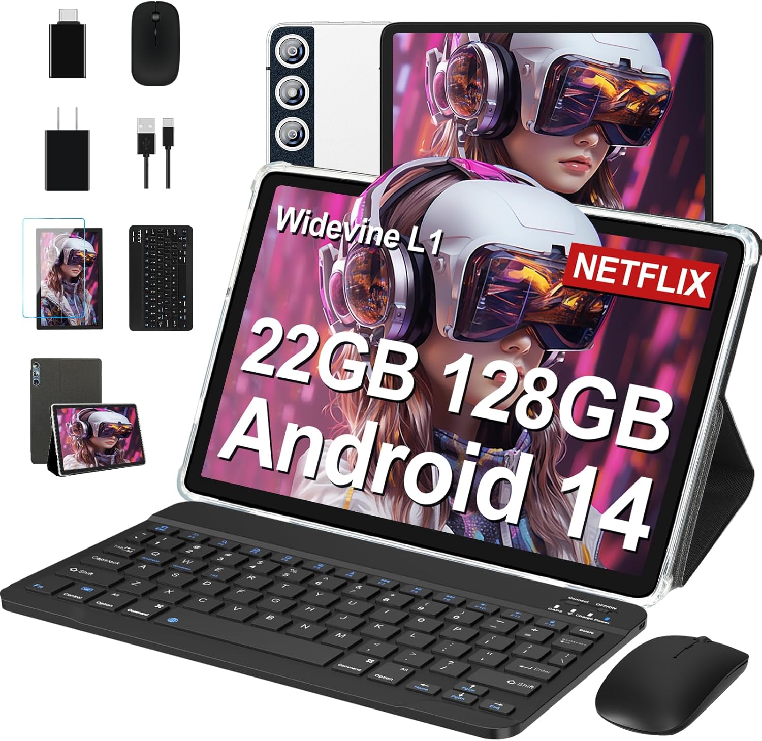 Dmoao Tablet Android 14 22GB RAM + 128GB ROM, Argento - immagine 1