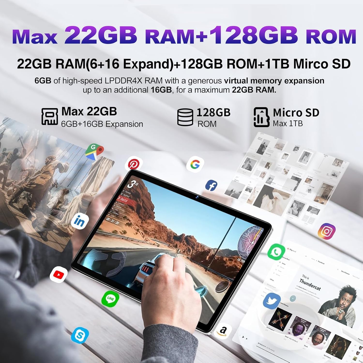 Dmoao Tablet Android 14 22GB RAM + 128GB ROM, Argento - immagine 4