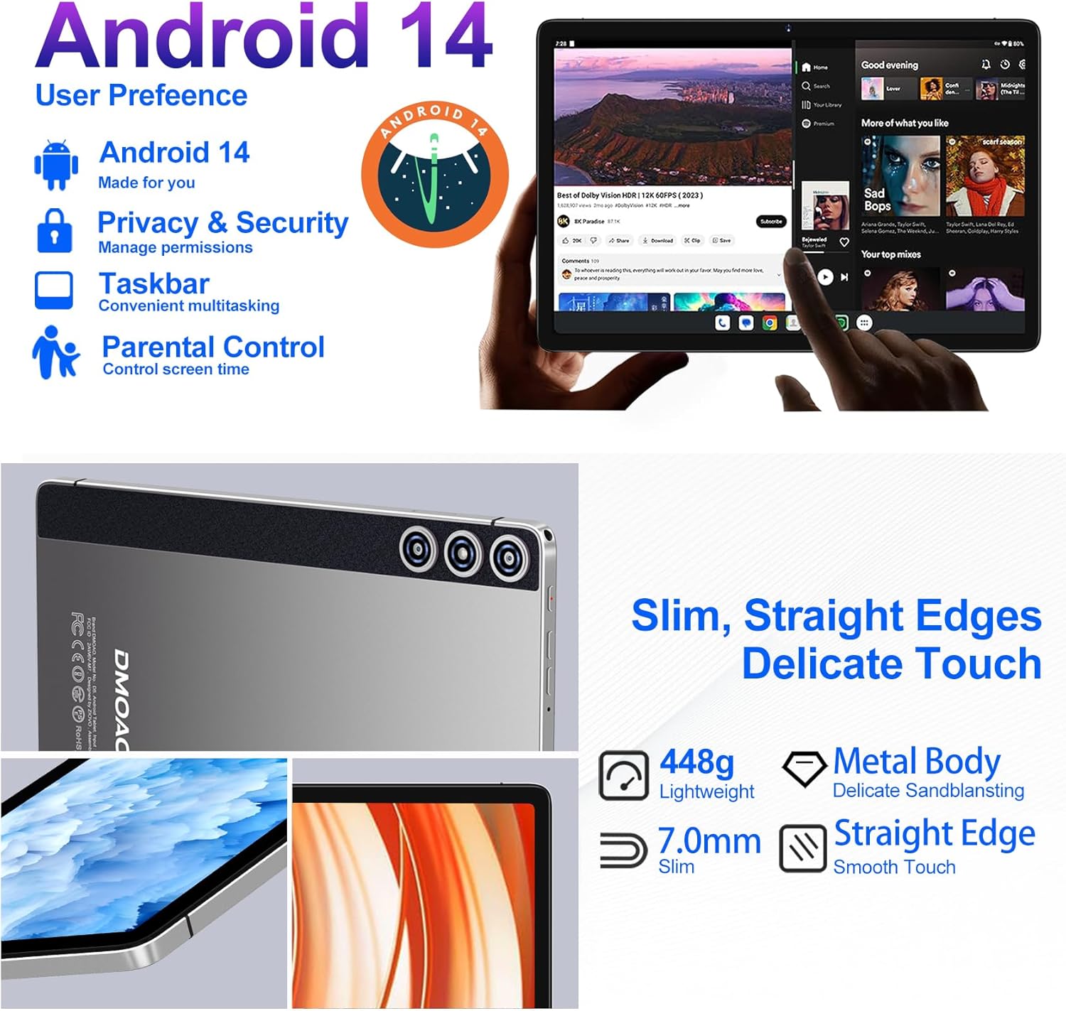 Dmoao Tablet Android 14 22GB RAM + 128GB ROM, Argento - immagine 5