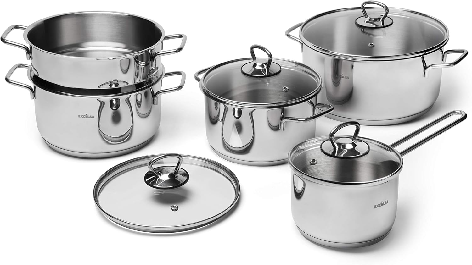 Excelsa Everyday Batteria di Pentole 9 Pezzi, Acciaio 18/10