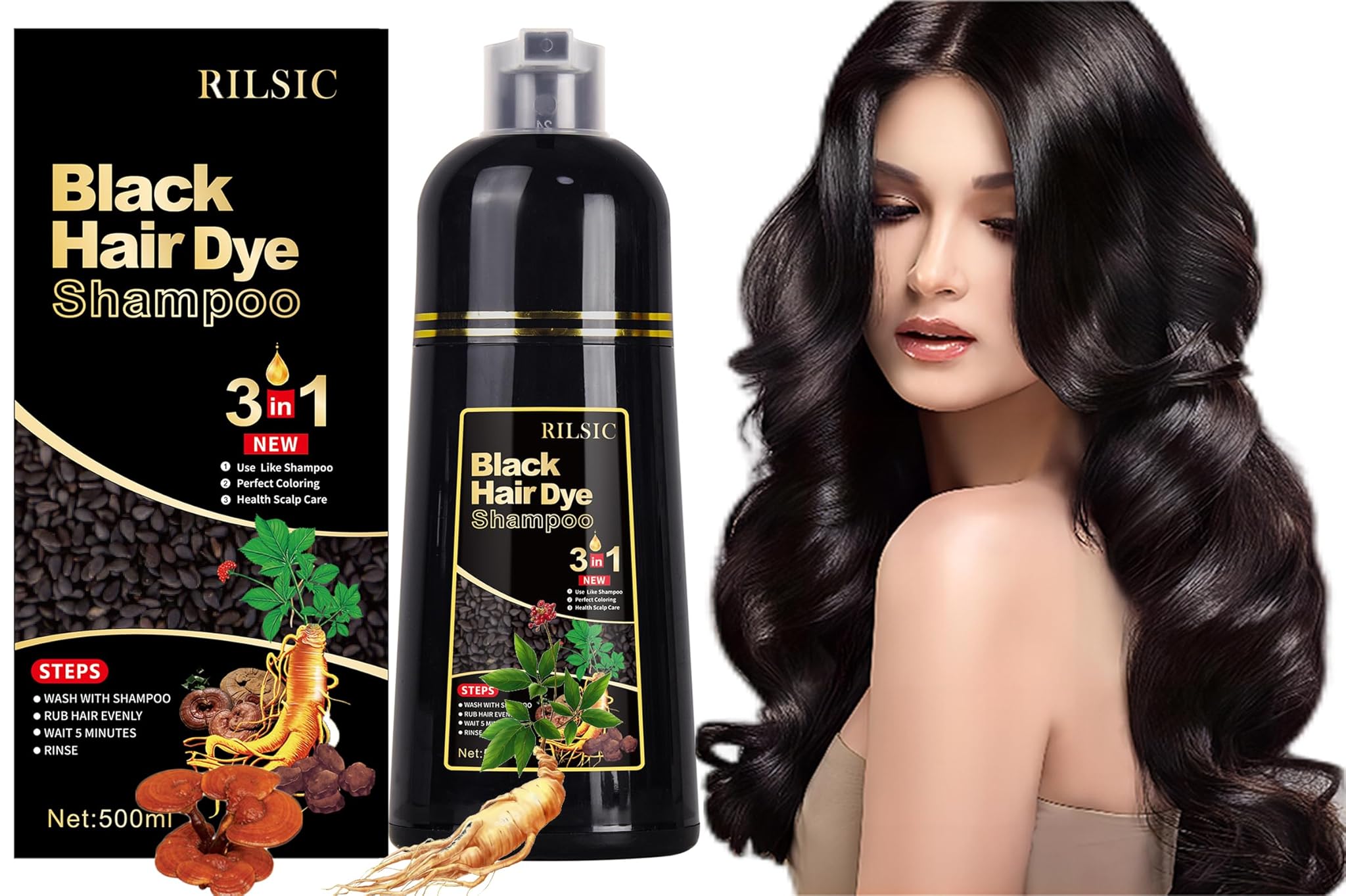 500ML Shampoo Colorante Nero 3 en1 per Capelli Grigi, Shampoo Colorante Capelli Bianchi Colorati Istantanea, Colore Naturale-Hair Dye Tintura per Uomini Donne (Nero)