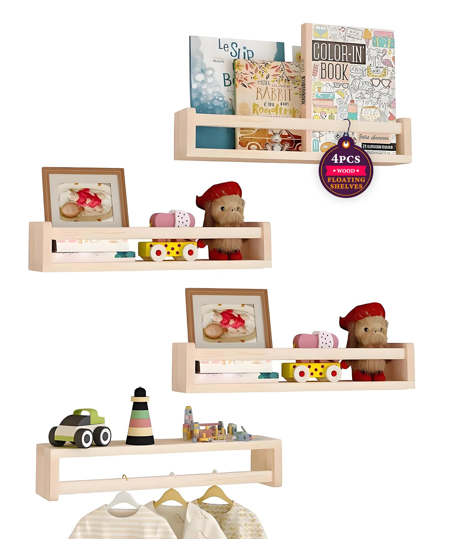 Libreria per Bambini - 4 Scaffali Galleggianti in Legno Naturale