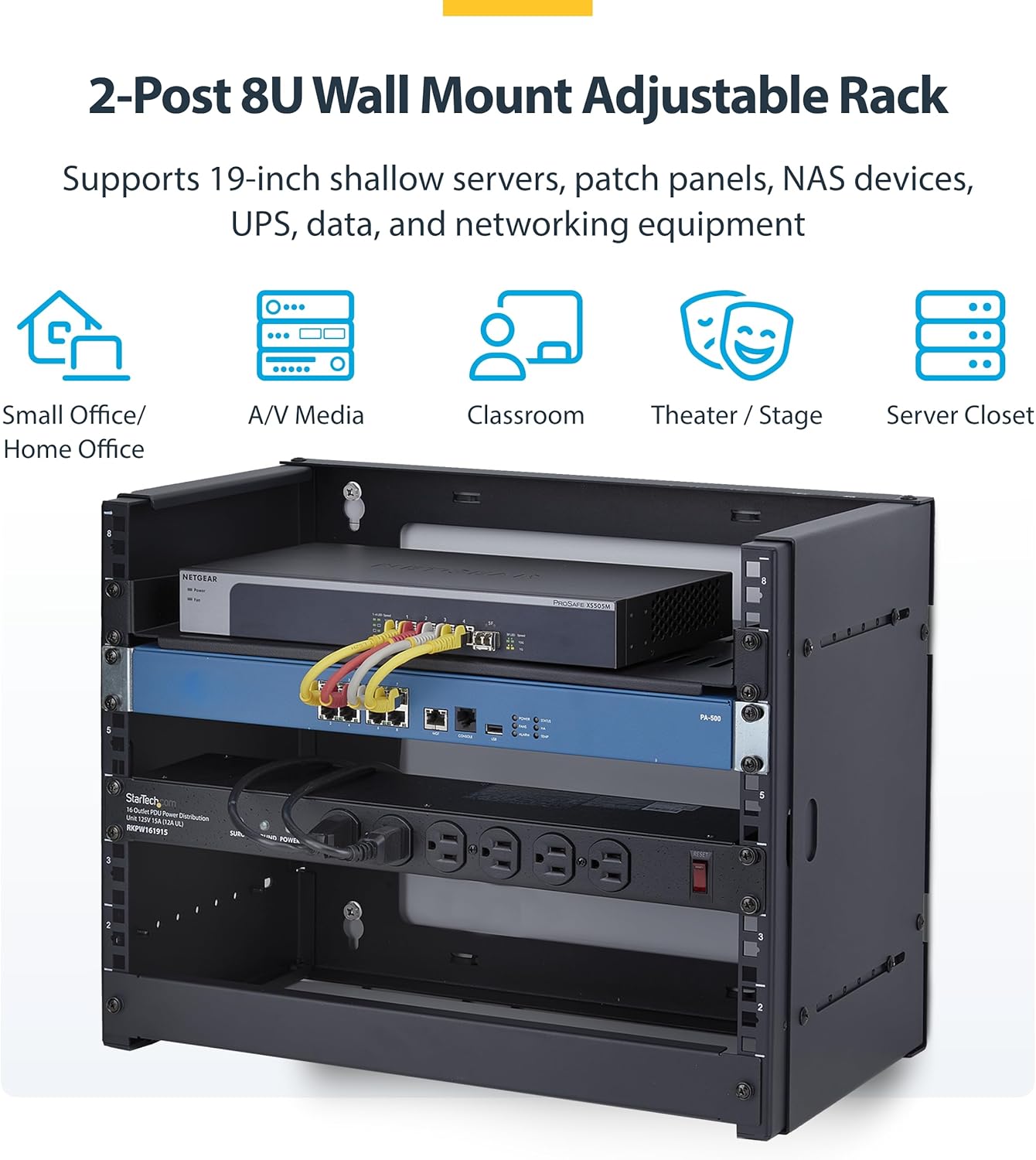 Startech.com Staffa Rack 19" 8U a Parete, Profondità Regolabile - immagine 2