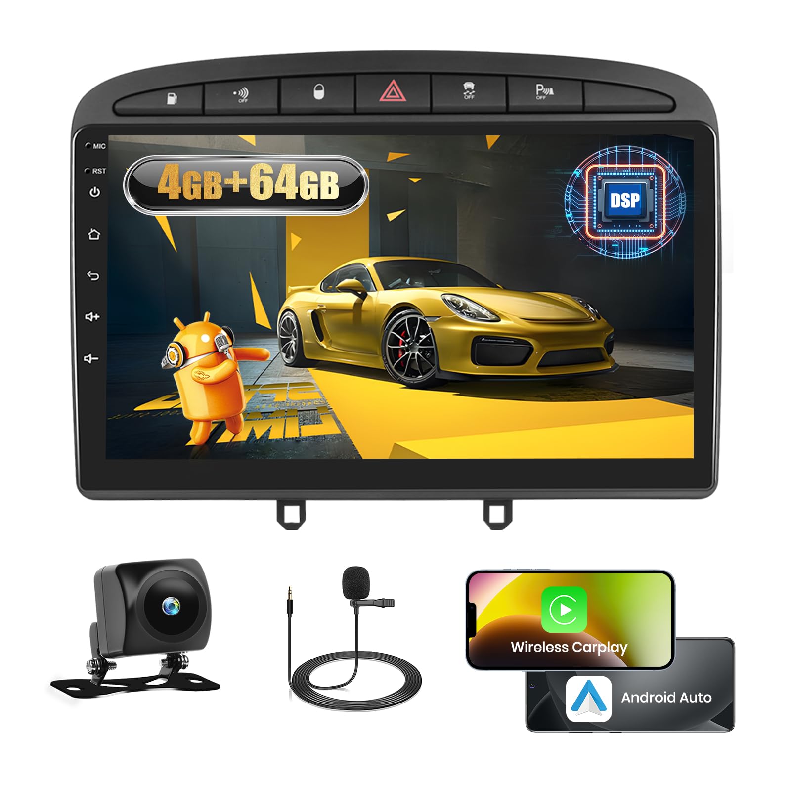 Autoradio Android 4+64G per Peugeot 308/408 2007-2015, Nera