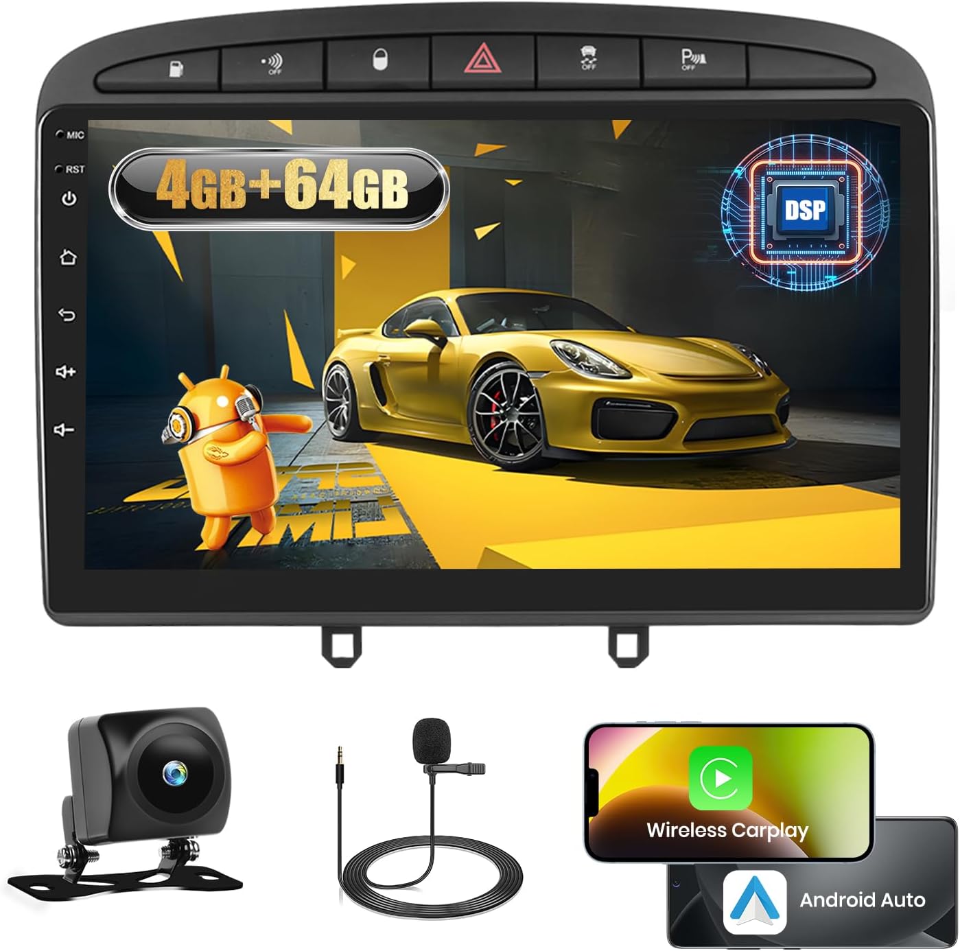 Autoradio Android 4+64G per Peugeot 308/408 2007-2015, Nera - immagine 1
