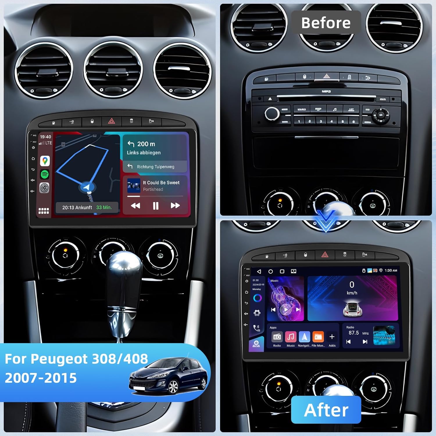 Autoradio Android 4+64G per Peugeot 308/408 2007-2015, Nera - immagine 2