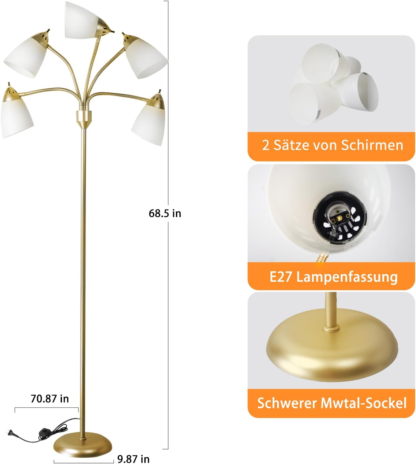 Depuley Lampada da Terra LED 5 Luci E27 Nera - immagine 8