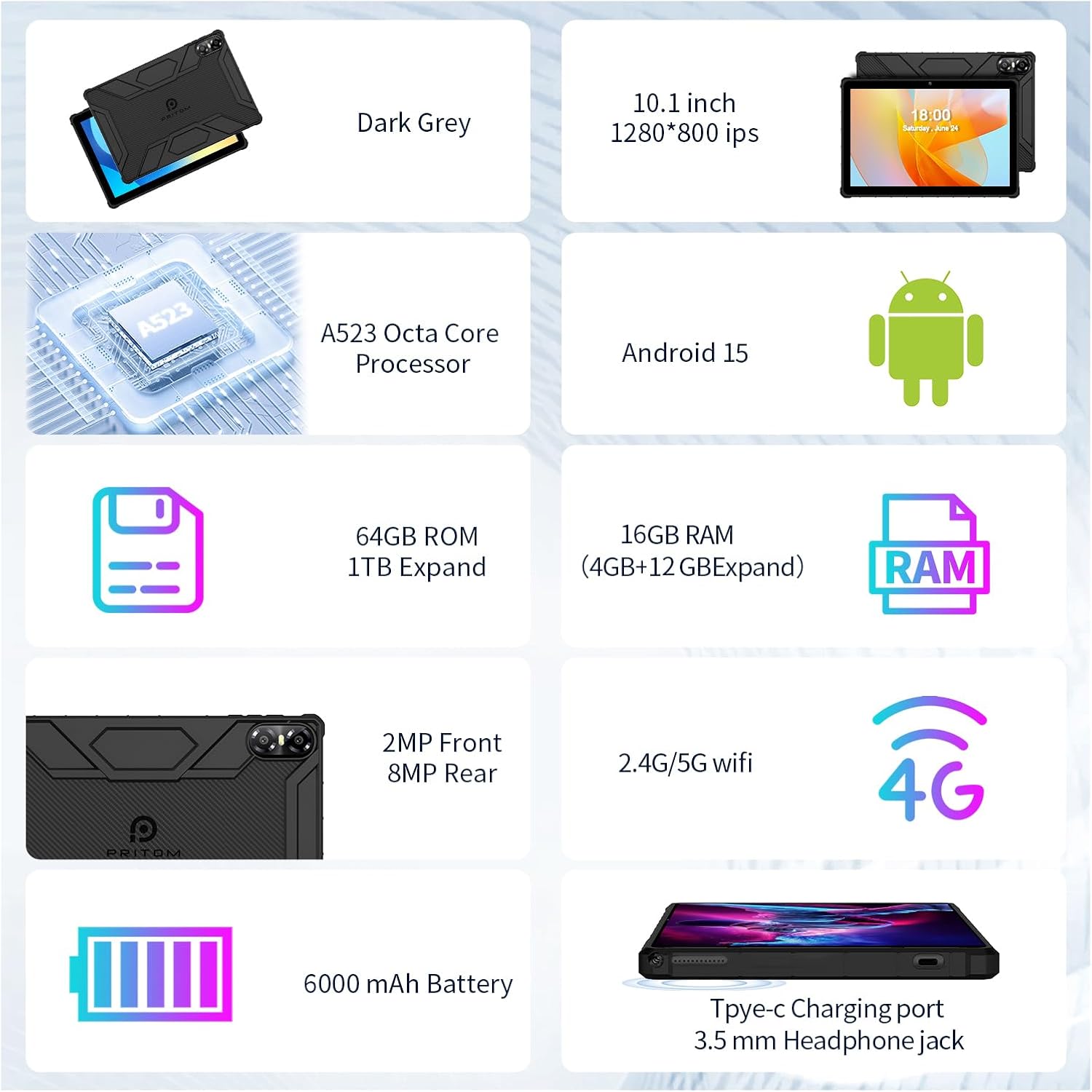 Pritom Tablet 10 Pollici Android 15 con Custodia - immagine 2