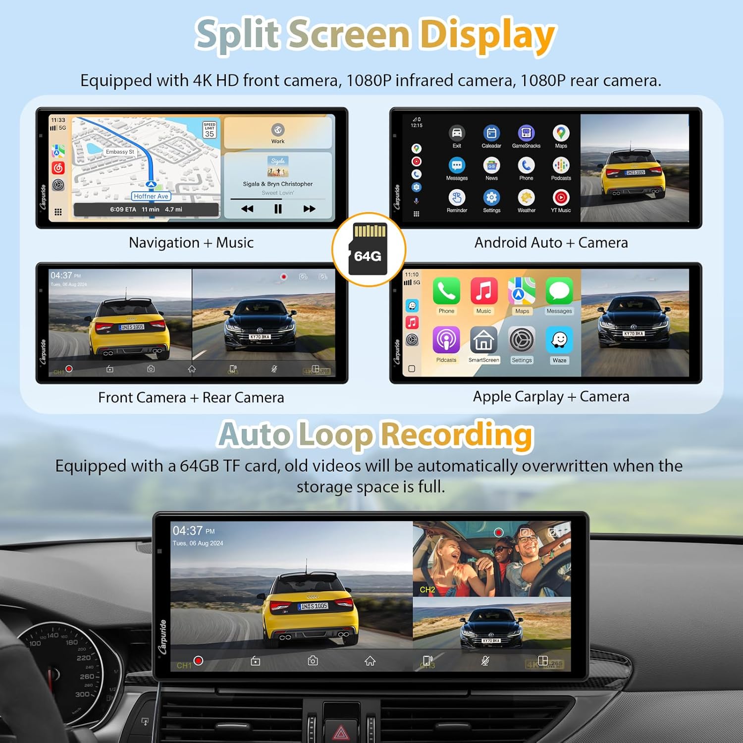 Carpuride W903S CarPlay Android Auto Portatile con Dashcam - immagine 4