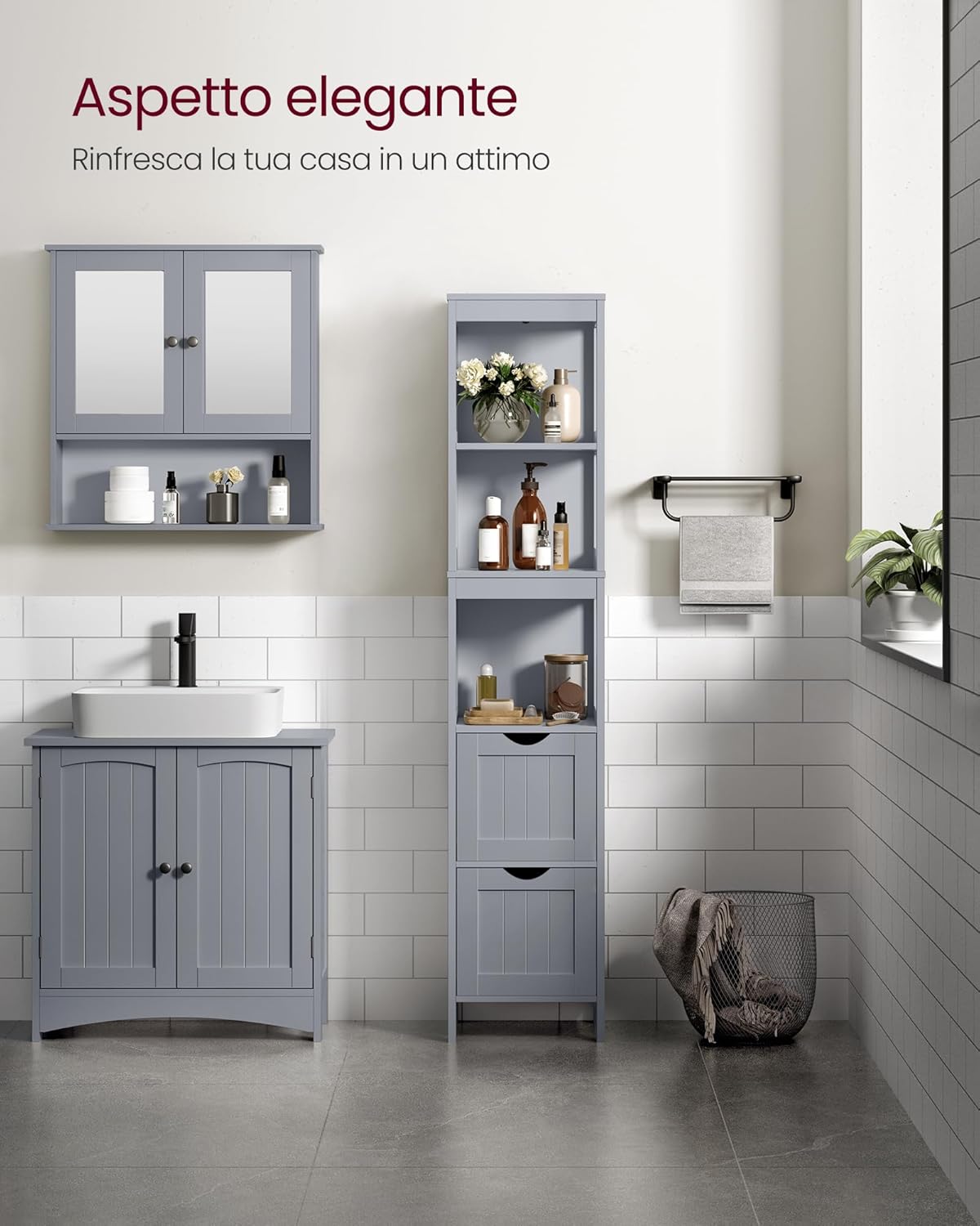 Vasagle Mobile da Bagno con 2 Cassetti e 3 Ripiani, Grigio - immagine 7