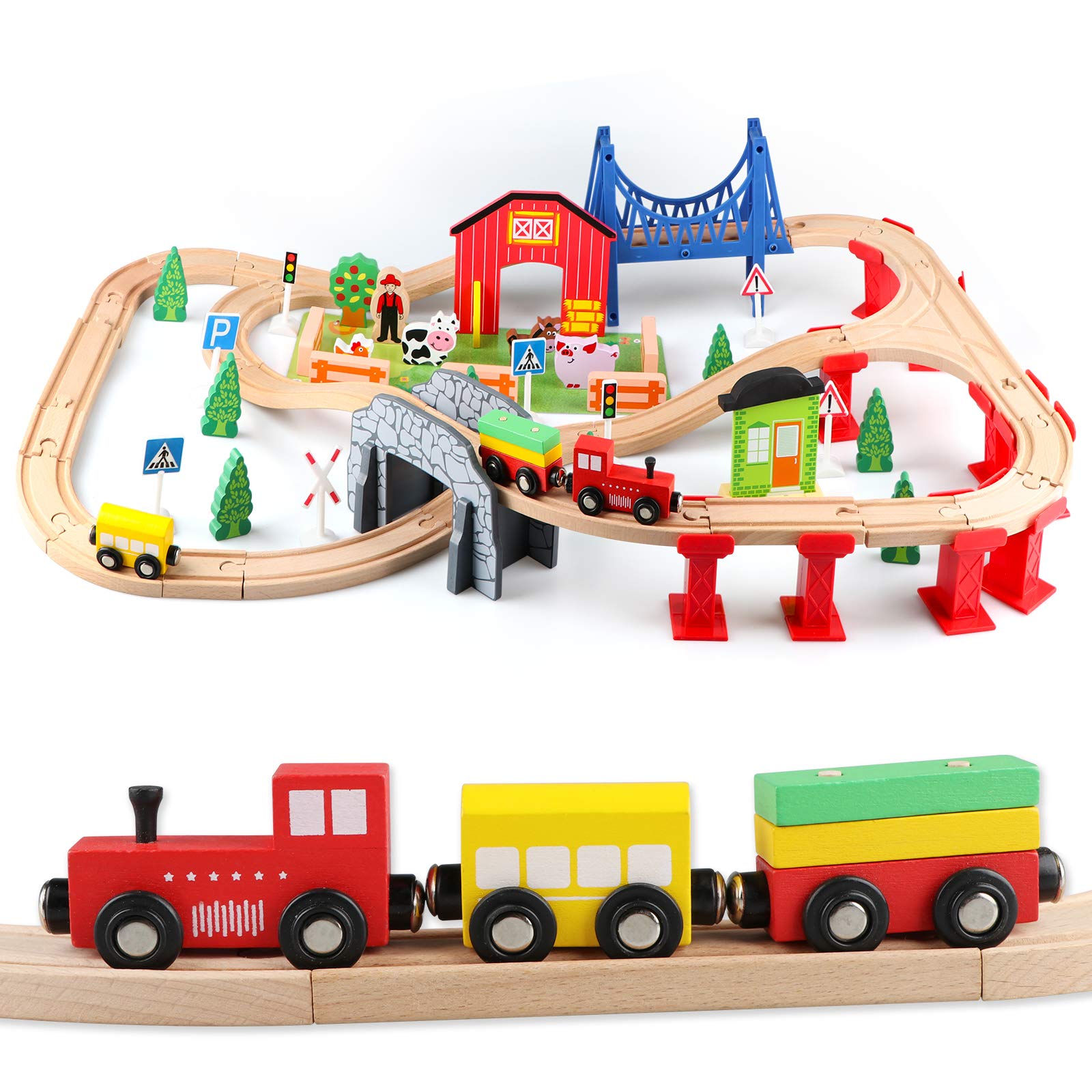 Jacootoys Trenino Legno Giocattoli 80 pezzi