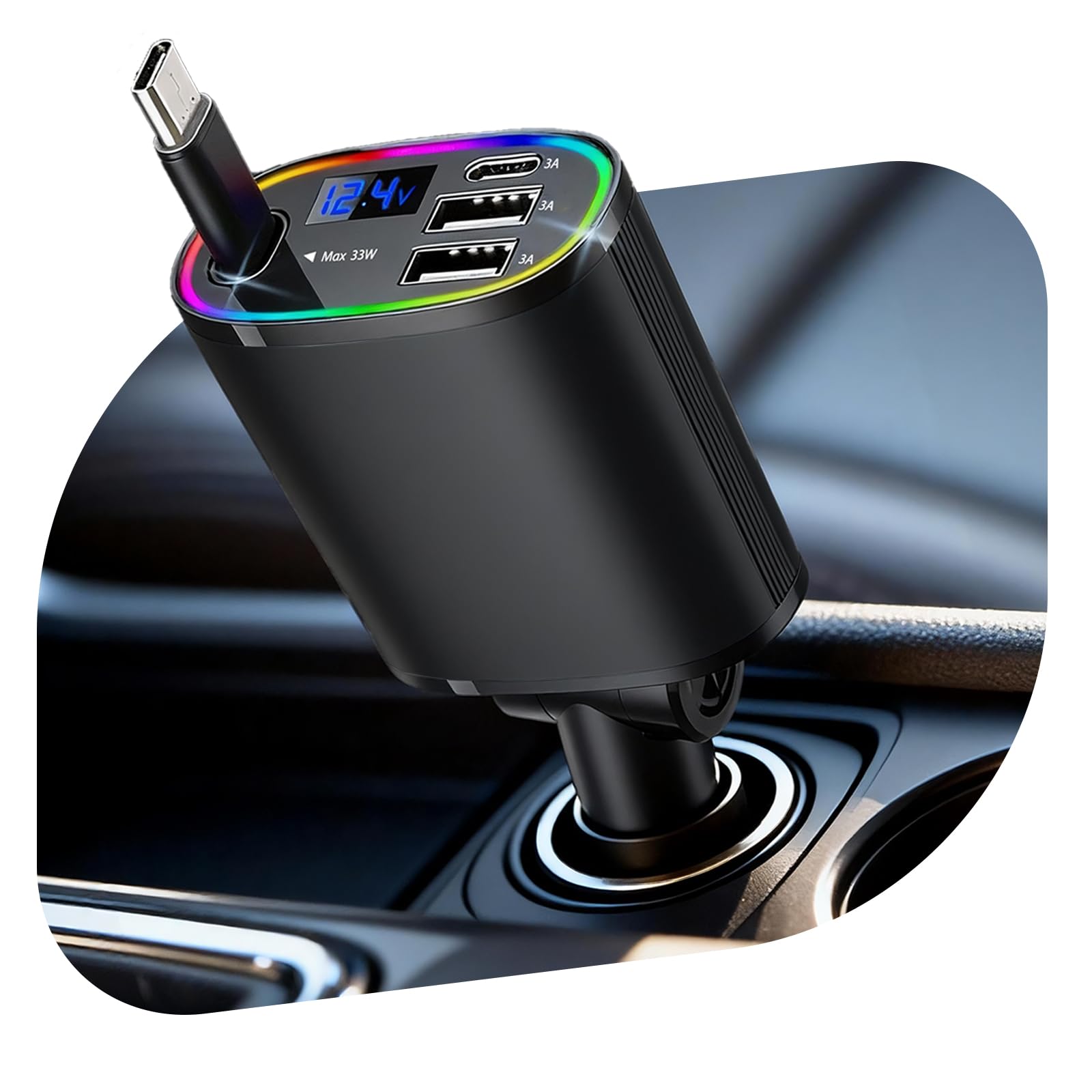 78W Caricatore Auto USB C, 4 in 1 Retrattile Caricabatterie Auto, USB C Ricarica Rapido Caricabatterie, Accessori Auto Campeggio (Nero)