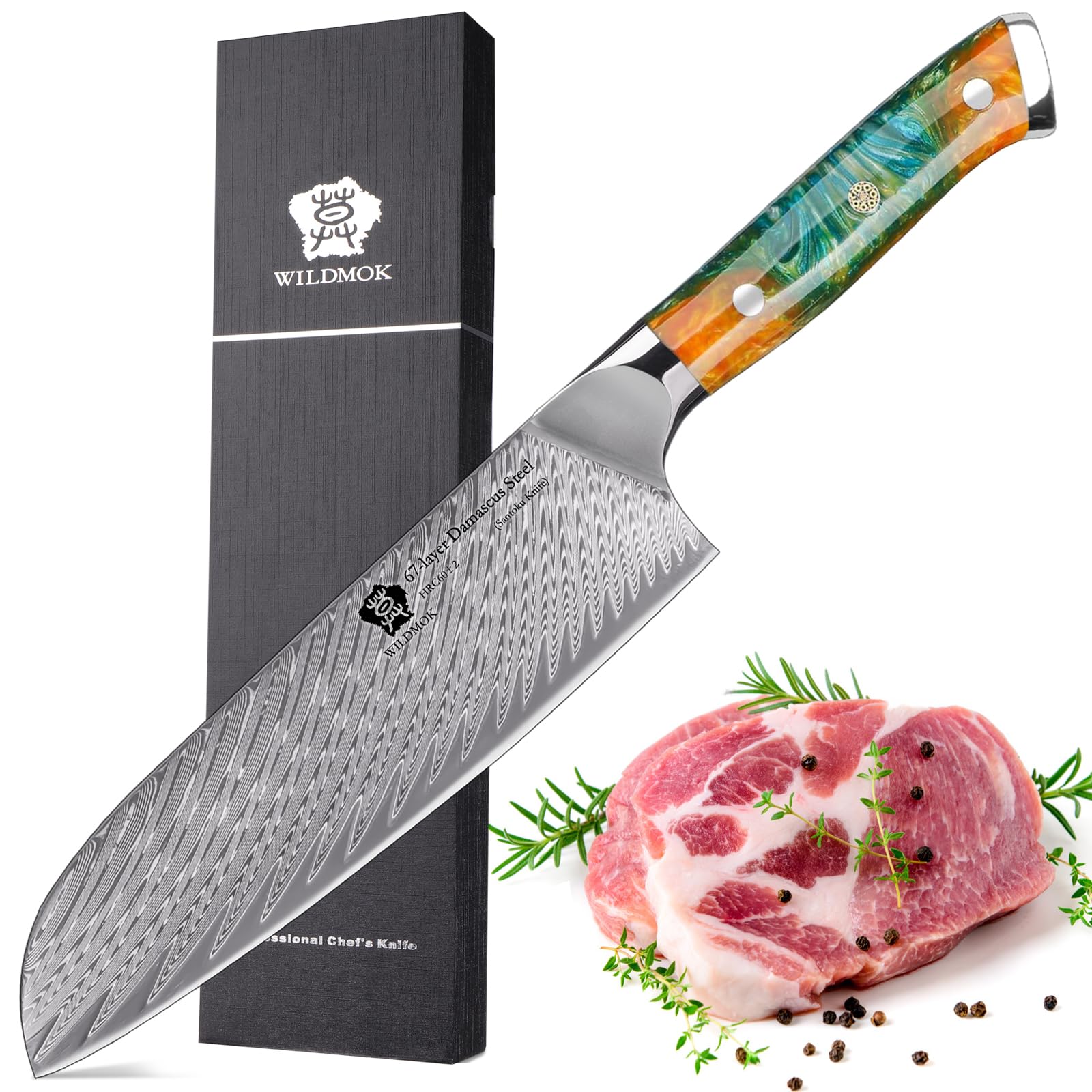 Wildmok Coltello da Chef Giapponese Acciaio Damasco VG10 17.8CM