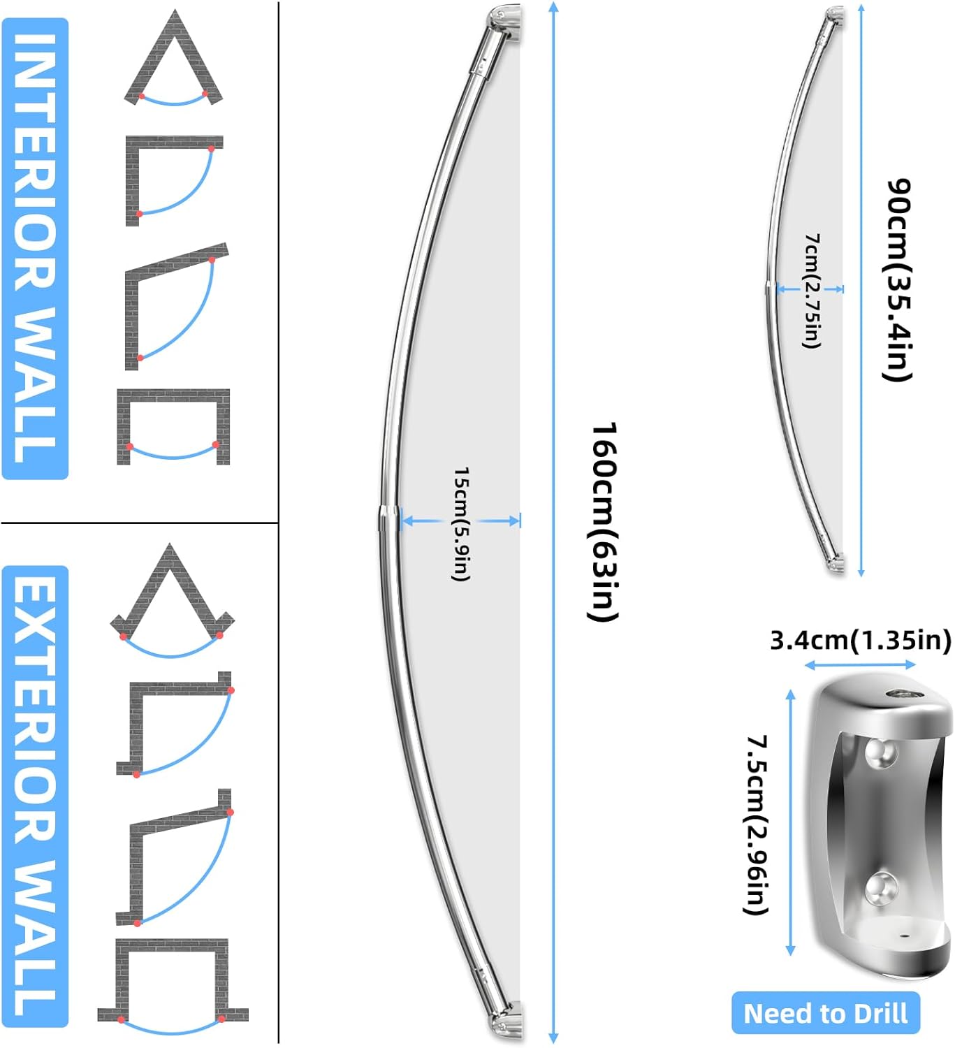 Misounda Asta Per Tenda Doccia a Curva 90-160cm - immagine 4