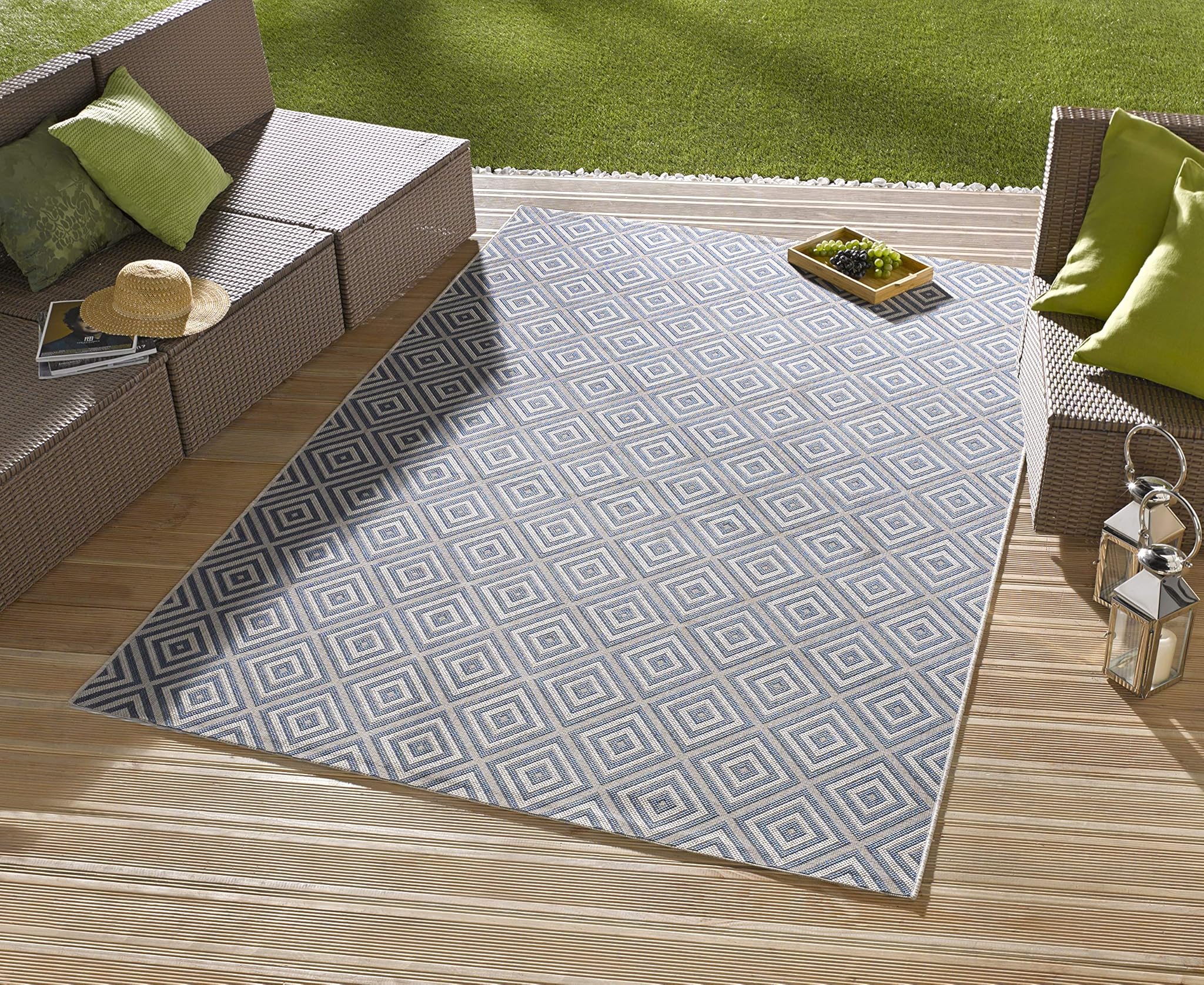 NORTHRUGS Tappeto per interni ed esterni, 140 x 200 cm, resistente alle intemperie, moderno motivo geometrico a quadretti, per balcone, terrazza, giardino, veranda, soggiorno, impermeabile, blu