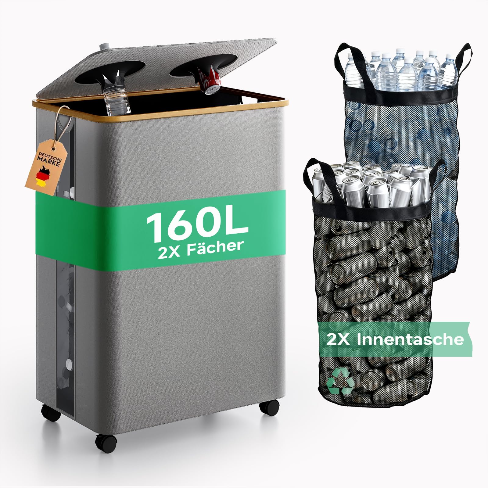 Rman Bidoni Differenziata 160L con Coperchio e Ruote, Grigio