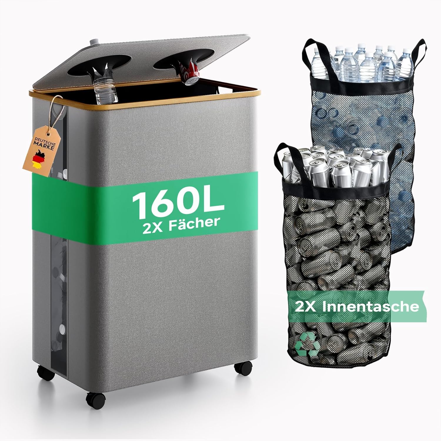 Rman Bidoni Differenziata 160L con Coperchio e Ruote, Grigio - immagine 1