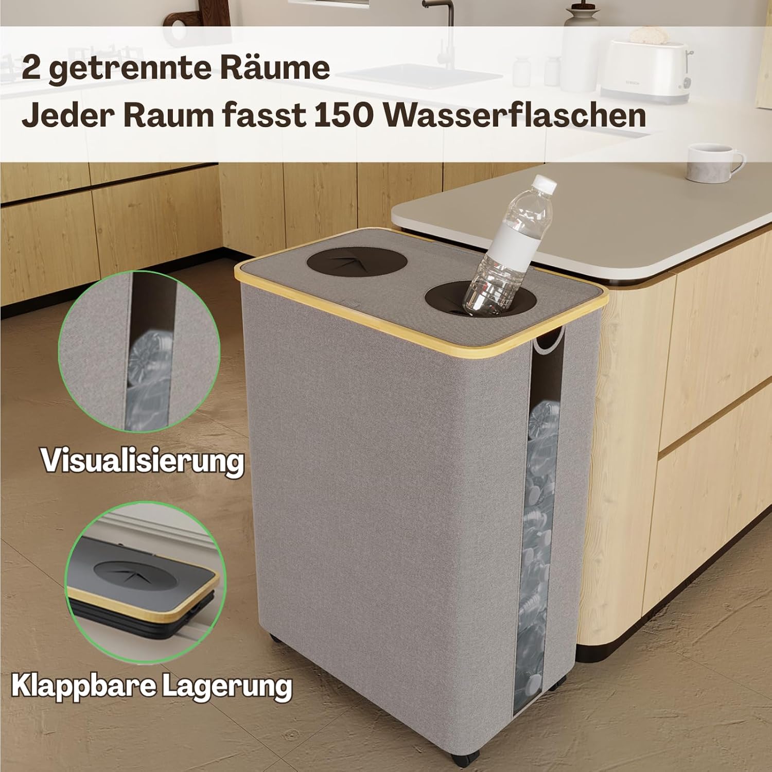 Rman Bidoni Differenziata 160L con Coperchio e Ruote, Grigio - immagine 2