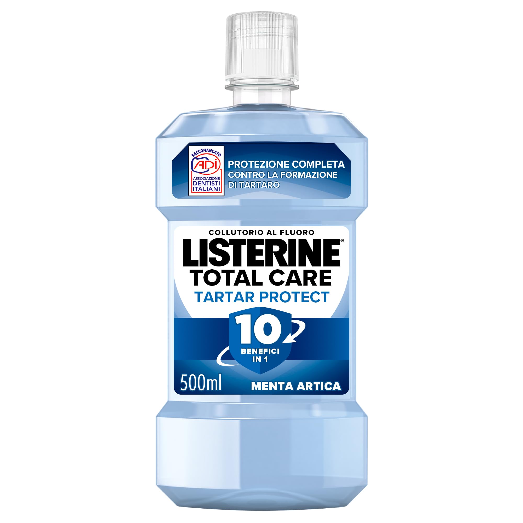 LISTERINE Total Care Tartar Protect, Collutorio al gusto di Menta Artica, Collutorio al Fluoro con 10 benefici in 1 per una pulizia denti tartaro accurata e una protezione completa, 500 ml