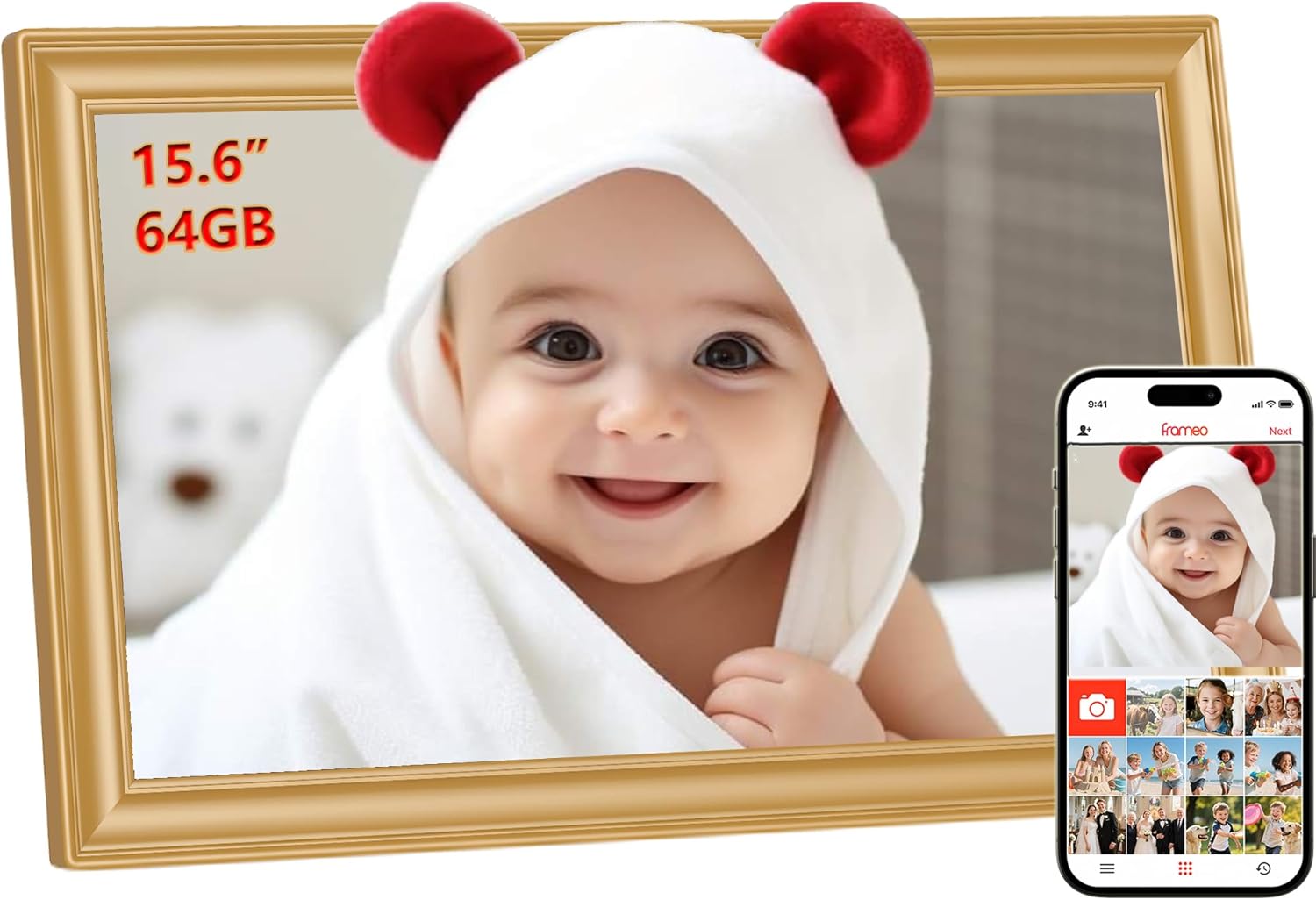 FRAMEO Cornice Digitale 15,6" FHD 64GB, Oro - immagine 1