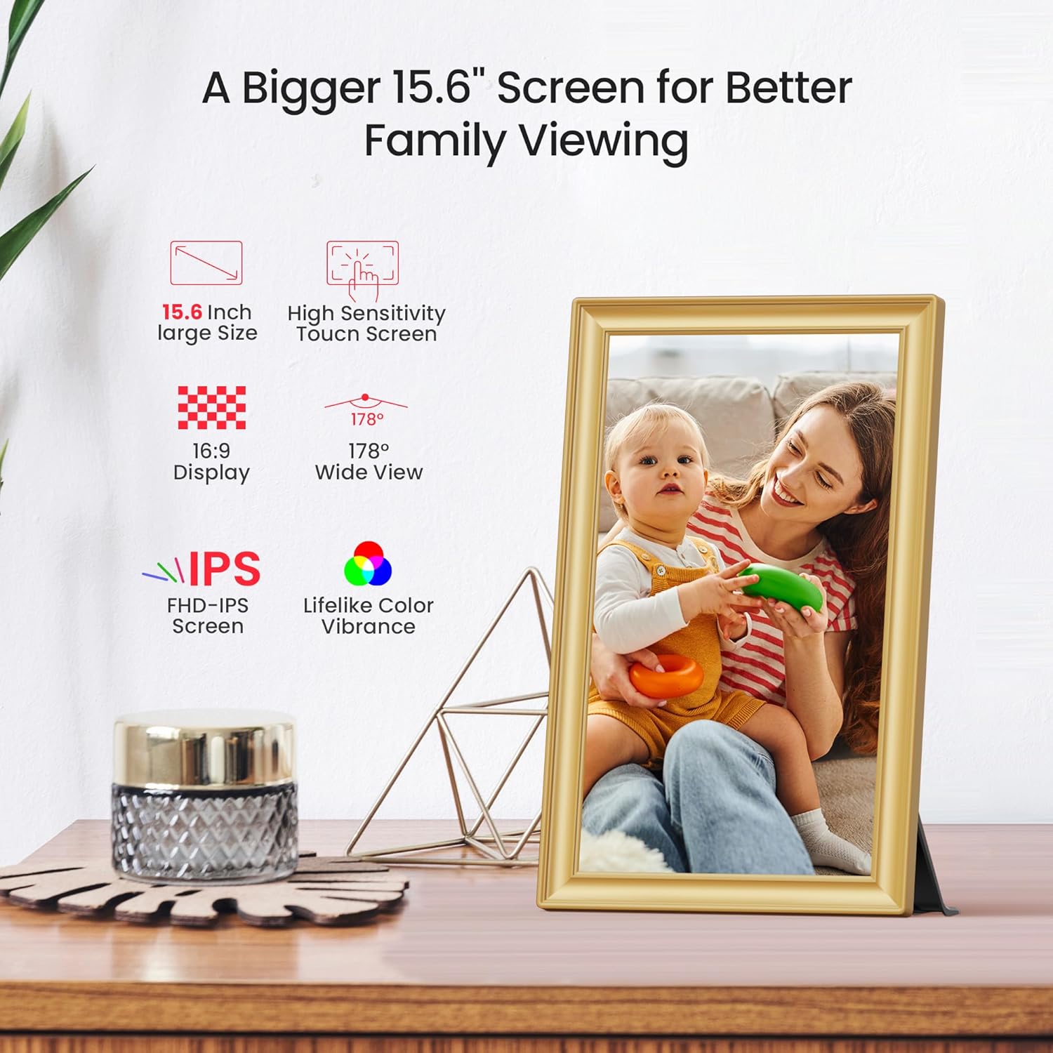 FRAMEO Cornice Digitale 15,6" FHD 64GB, Oro - immagine 3