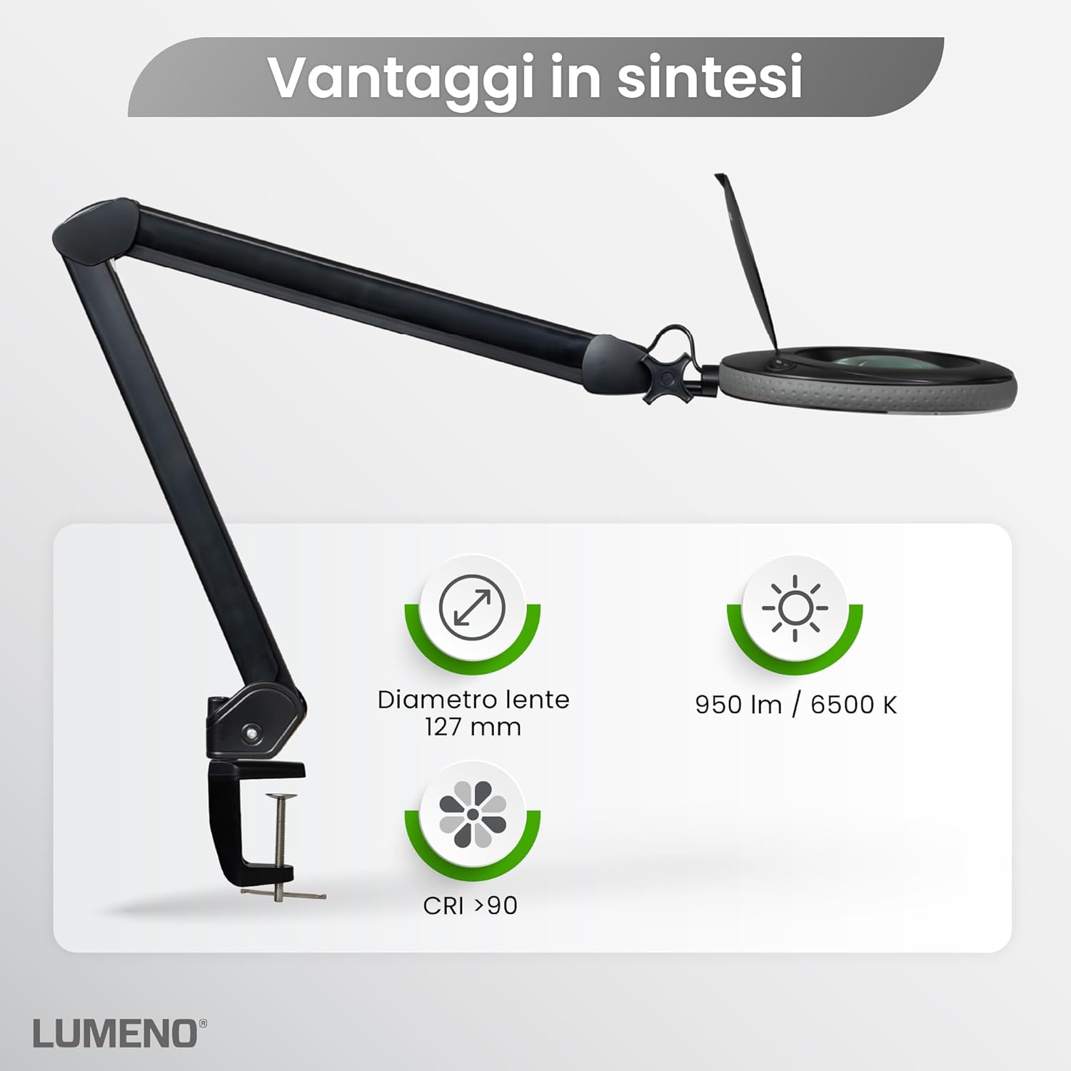 Lumeno LED 7215SW - Lampada d'Ingrandimento 5 Diottrie, Nero - immagine 2