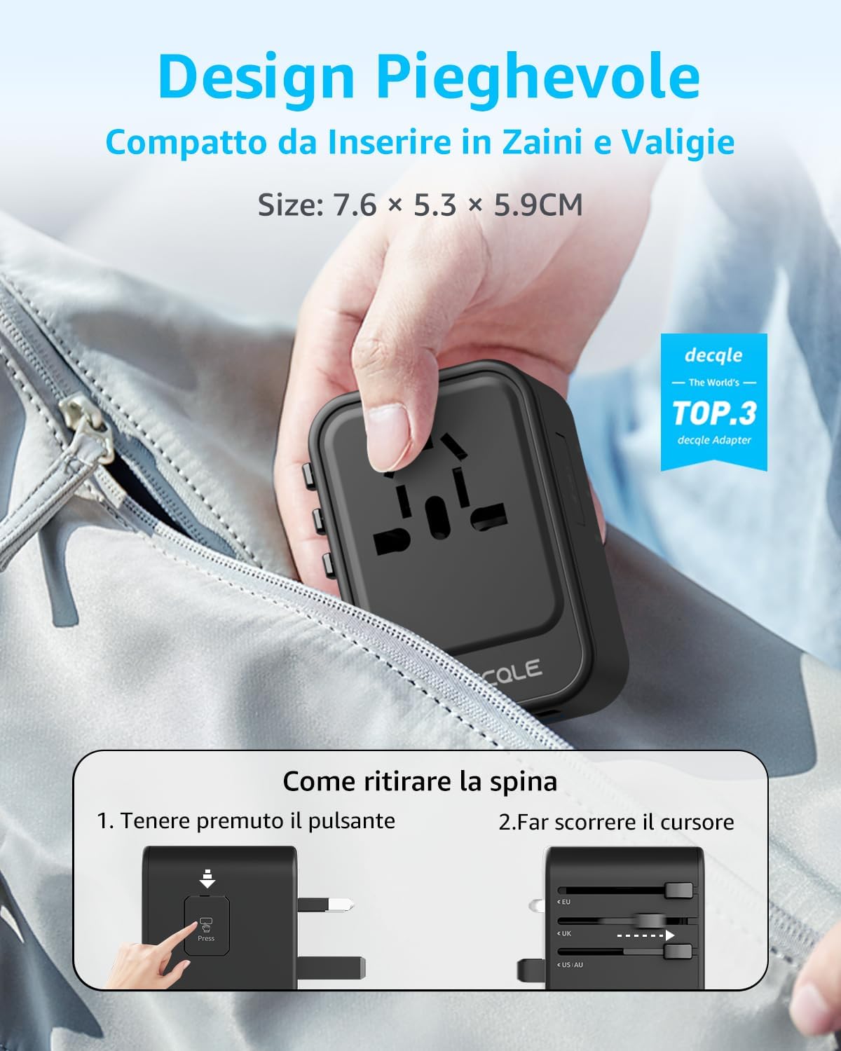 Decqle Adattatore Universale da Viaggio GaN 65W, Nero - immagine 5