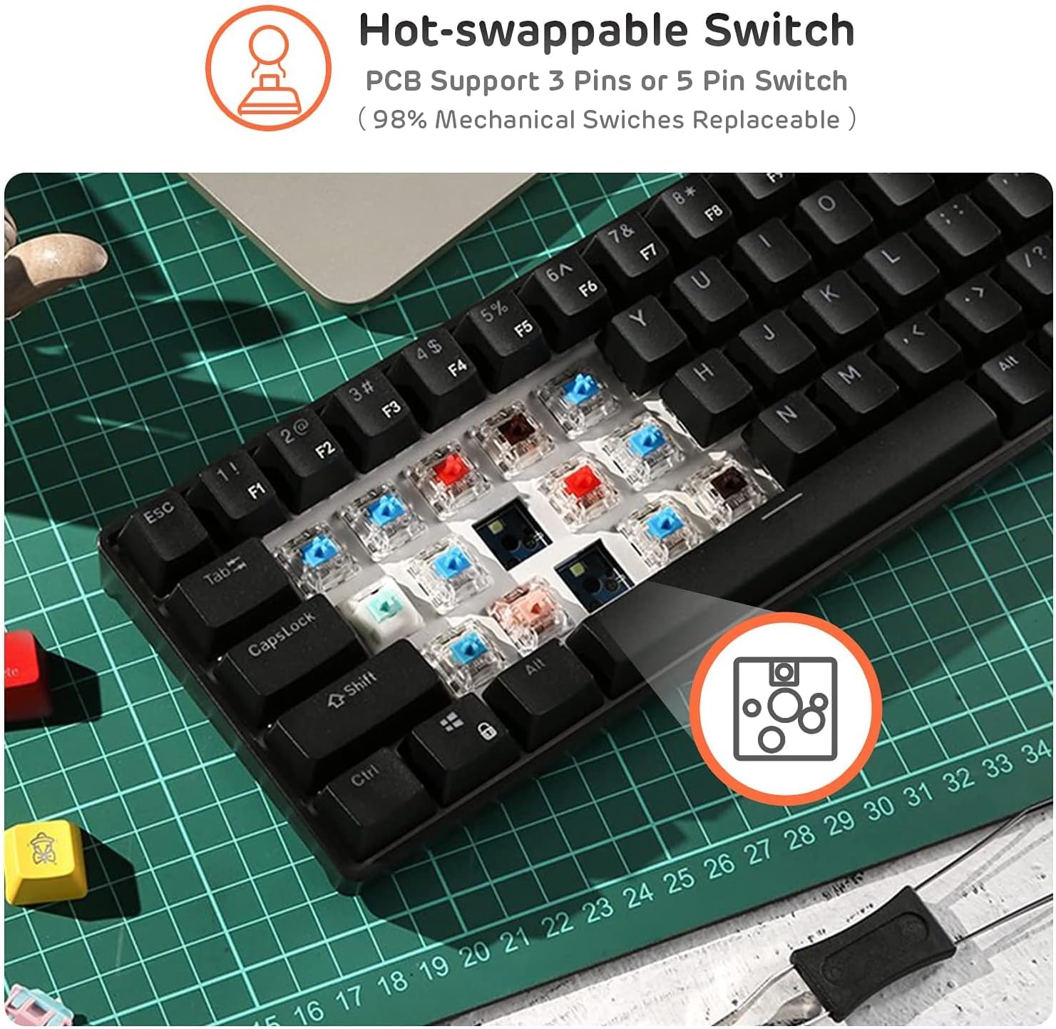 RK ROYAL KLUDGE RK61-US QWERTY Wired/Bluetooth 60% tastiera meccanica, ABS Keycaps, interruttori rossi, per IOS, Android, Windows e Mac, nero - immagine 4