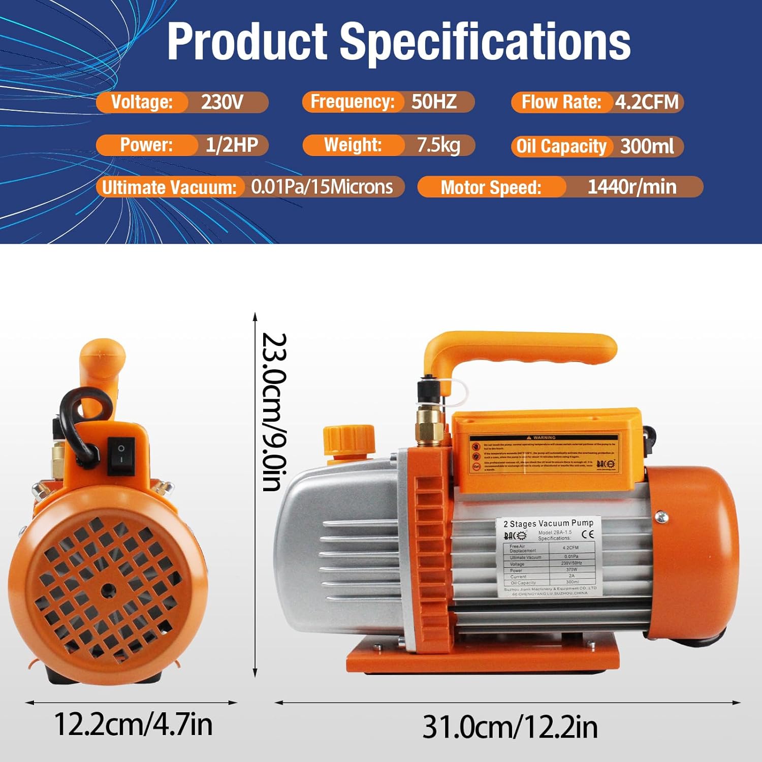 BACOENG 4.2CFM Pompa Vuoto Bistadio 120 Lt/min Vacuum Pump - immagine 2