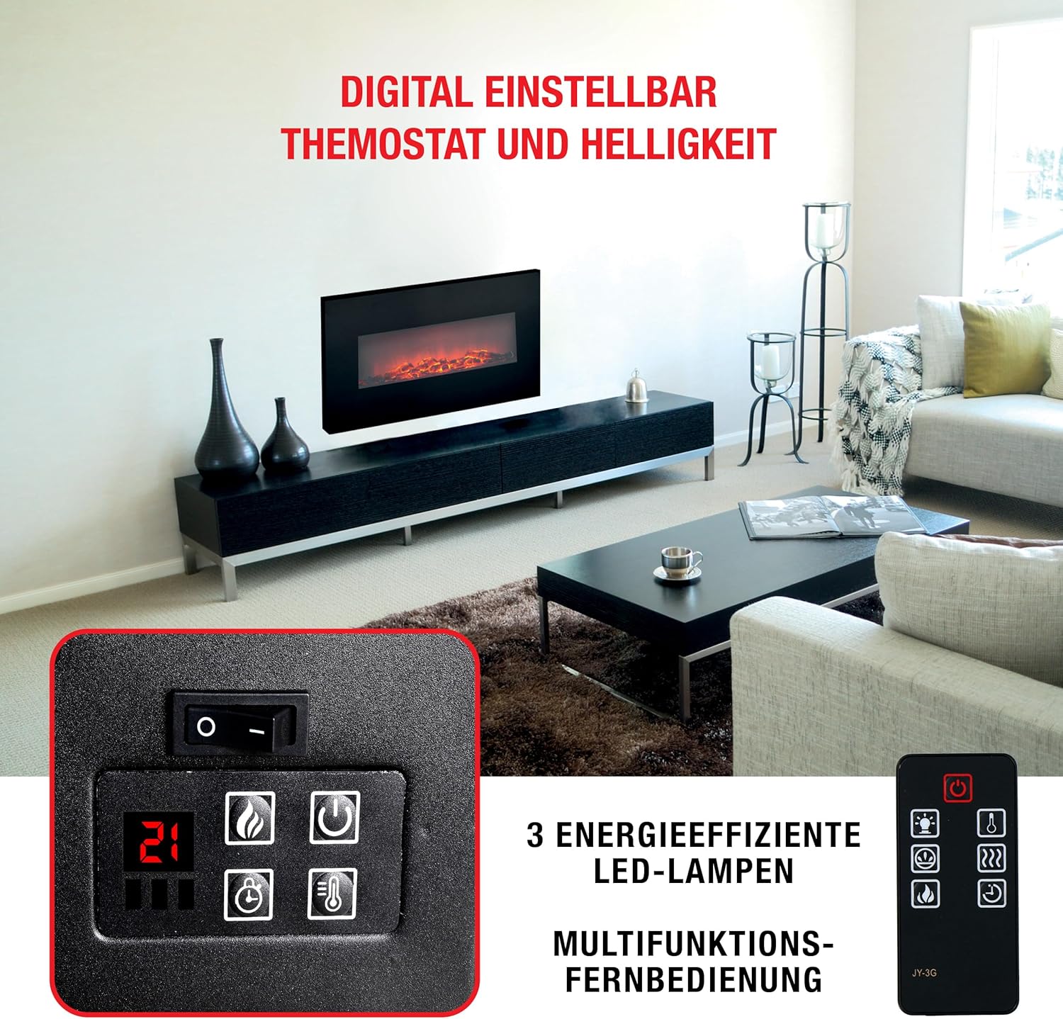 Classic Fire Memphis Camineo Elettrico 1800W, Nero - immagine 4