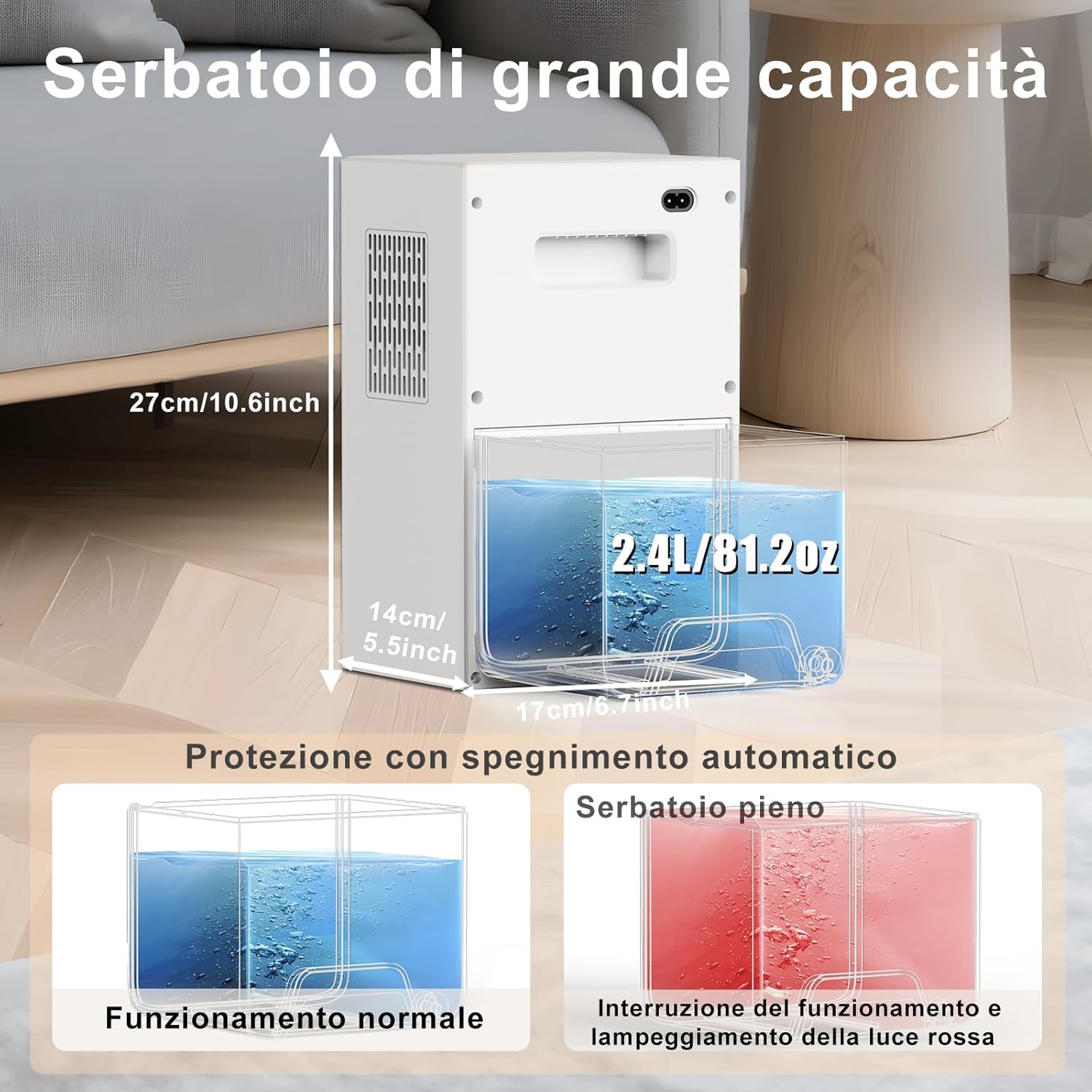 Deumidificatore Casa, Tipkook Deumidificatore 2400ML, Silenzioso Deumidificatori, Timer 8/12/24ore, Spegnimento automatico, 10 colori LED, Portatile Deumidificatori per Guardaroba, Bagno - immagine 2