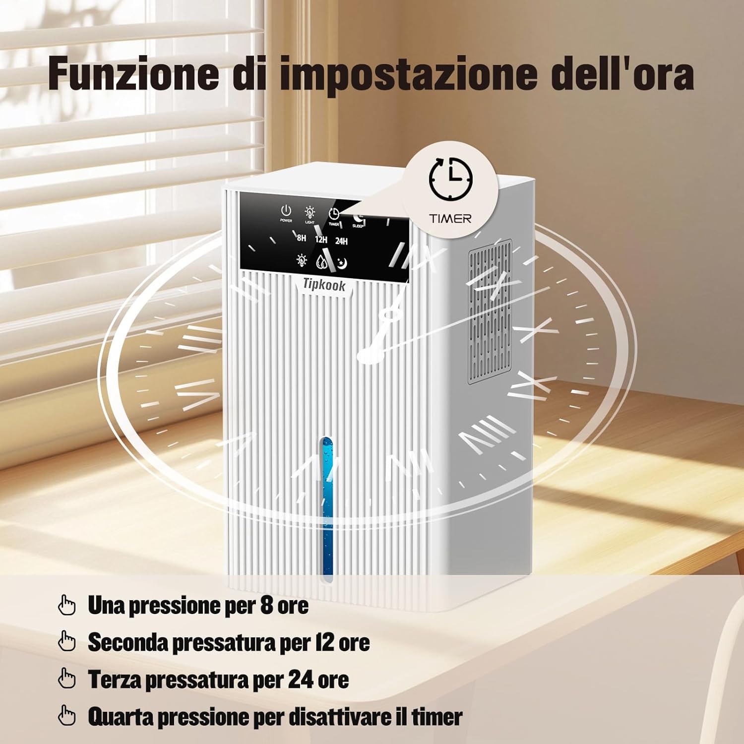 Deumidificatore Casa, Tipkook Deumidificatore 2400ML, Silenzioso Deumidificatori, Timer 8/12/24ore, Spegnimento automatico, 10 colori LED, Portatile Deumidificatori per Guardaroba, Bagno - immagine 4