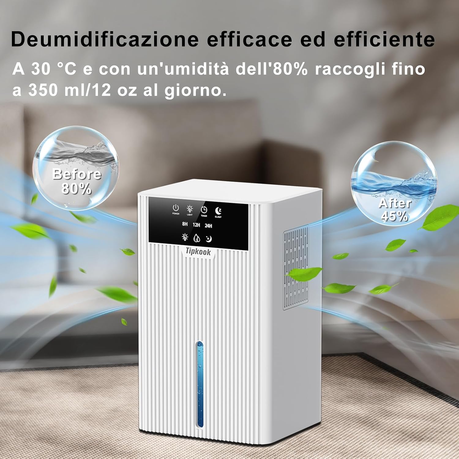 Deumidificatore Casa, Tipkook Deumidificatore 2400ML, Silenzioso Deumidificatori, Timer 8/12/24ore, Spegnimento automatico, 10 colori LED, Portatile Deumidificatori per Guardaroba, Bagno - immagine 6