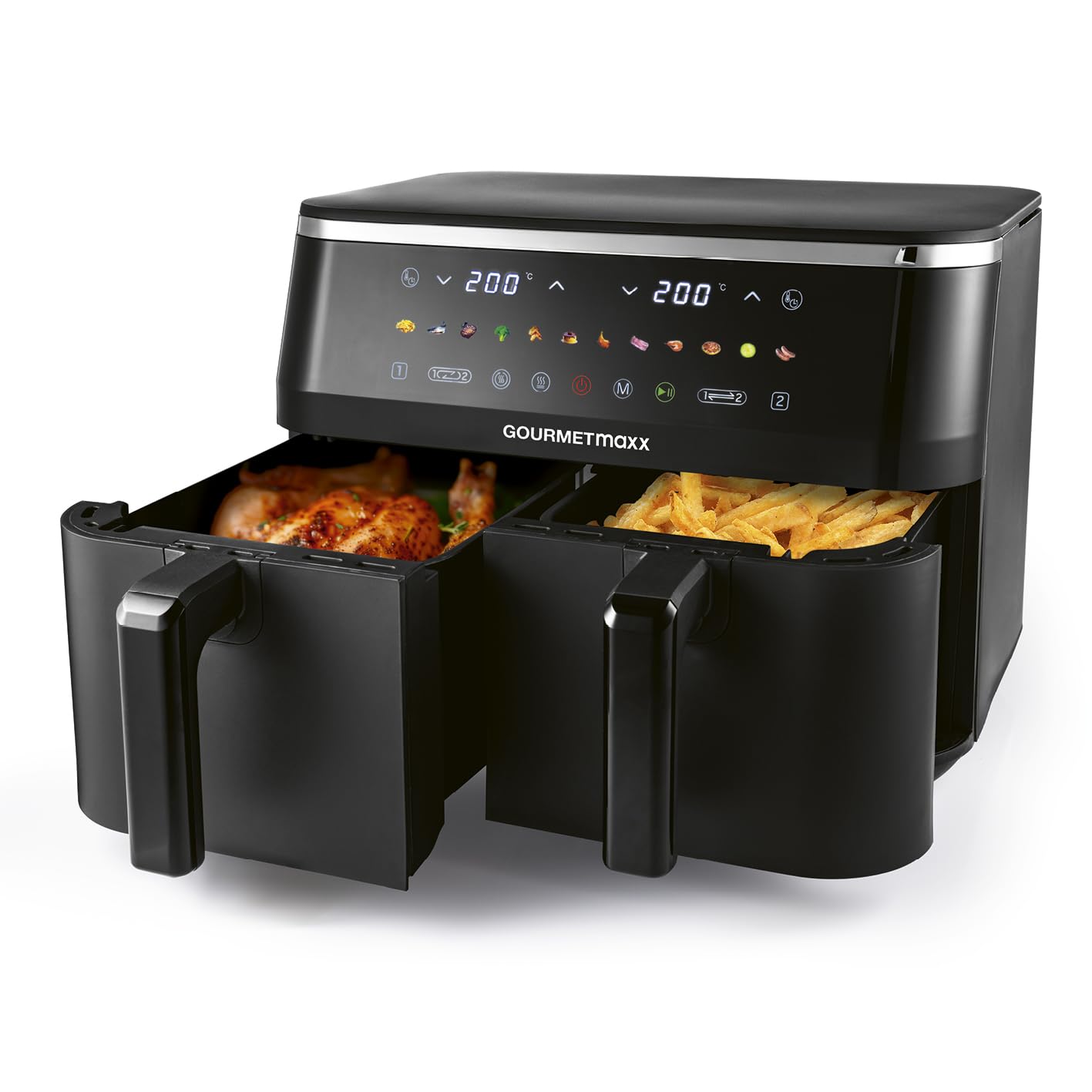GOURMETmaxx Friggitrice ad aria calda a doppia camera – 2 x 4,5 l | Synchro Garzonen Airfryer | Friggitrice con touch screen a LED | Icone di colore | Friggitrice ad aria calda 2 camere con 12