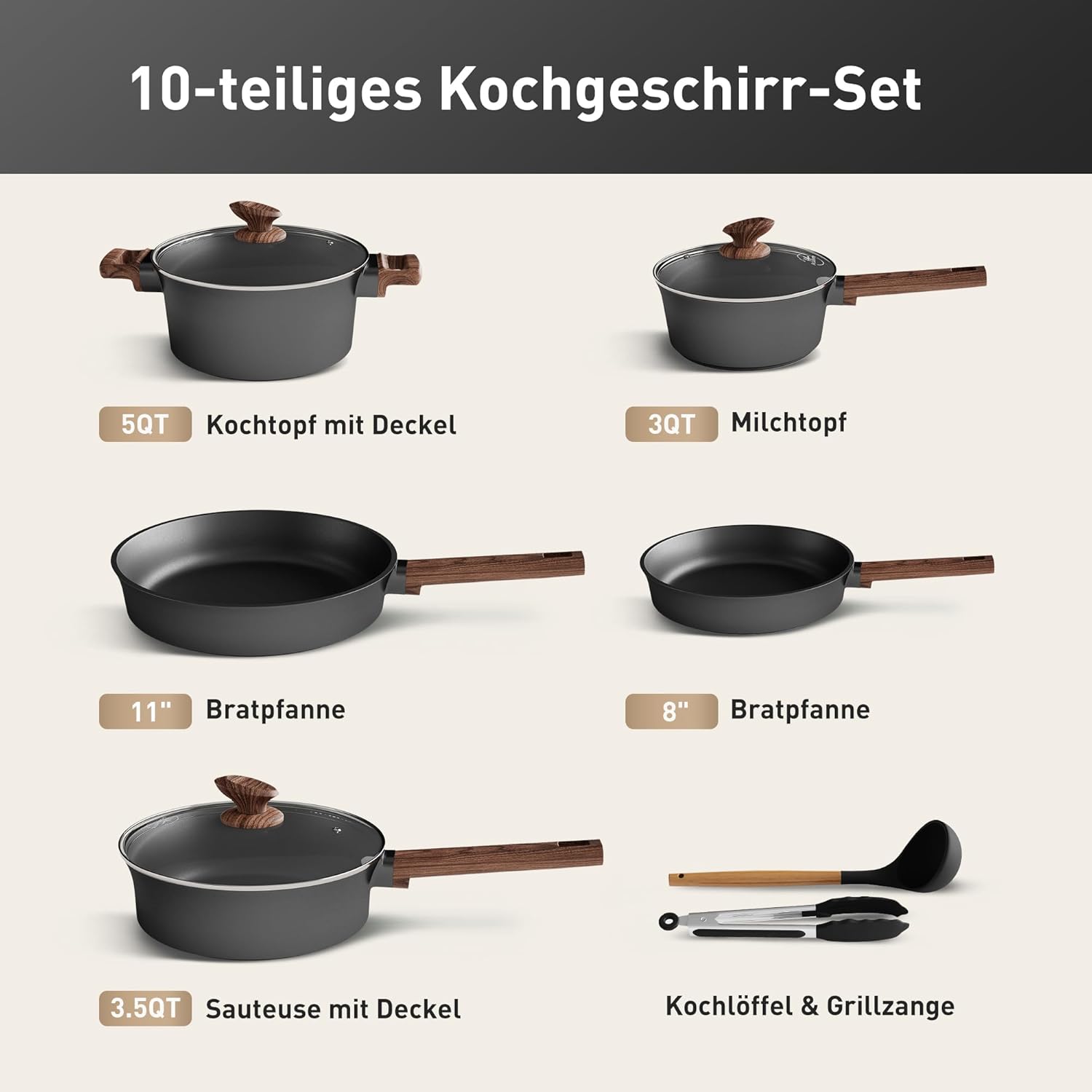 Kitchen Academy - Set Pentole e Padelle Induzione 17 pezzi, Nero - immagine 2