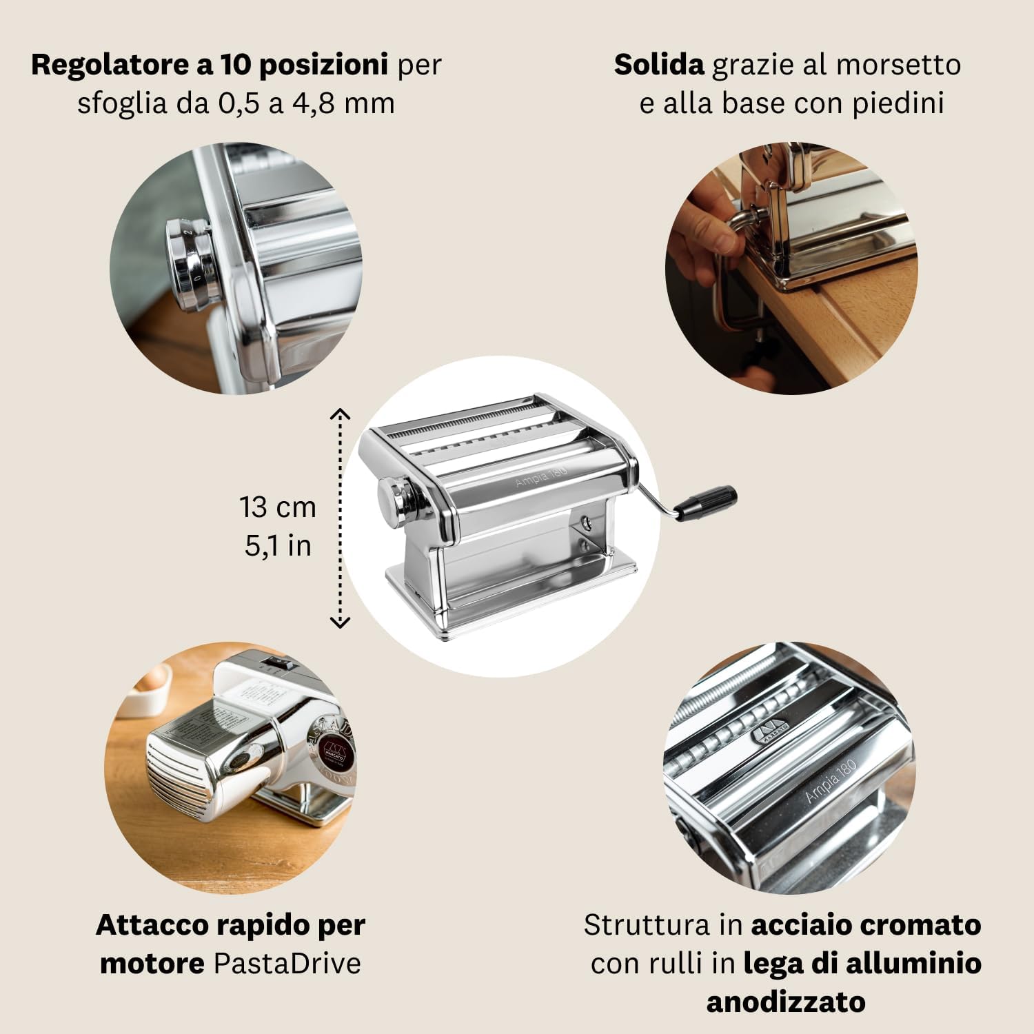 Marcato Macchina per la Pasta Ampia 180, Acciaio Cromato - immagine 6