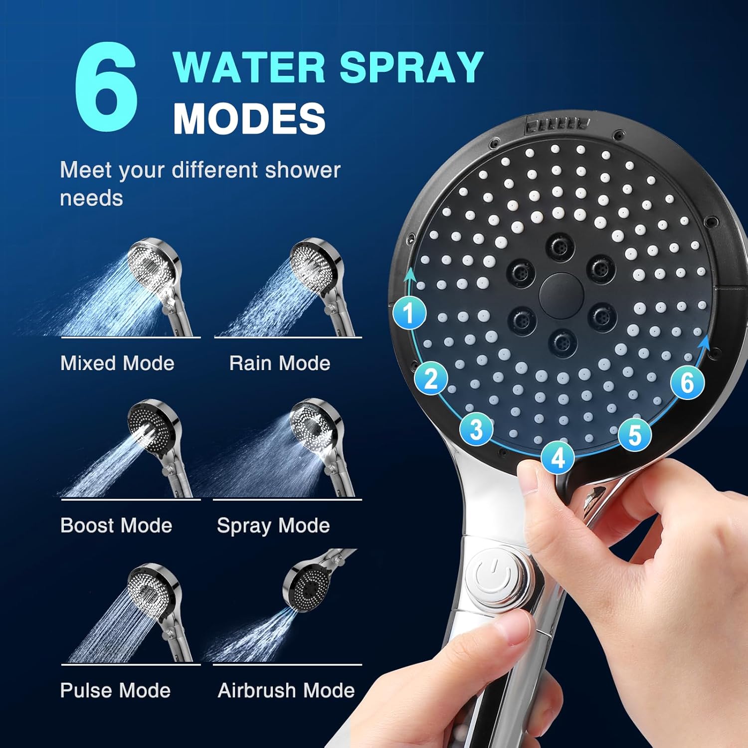 Diboniur Soffione Doccia con 6 Modalità Spray - immagine 4