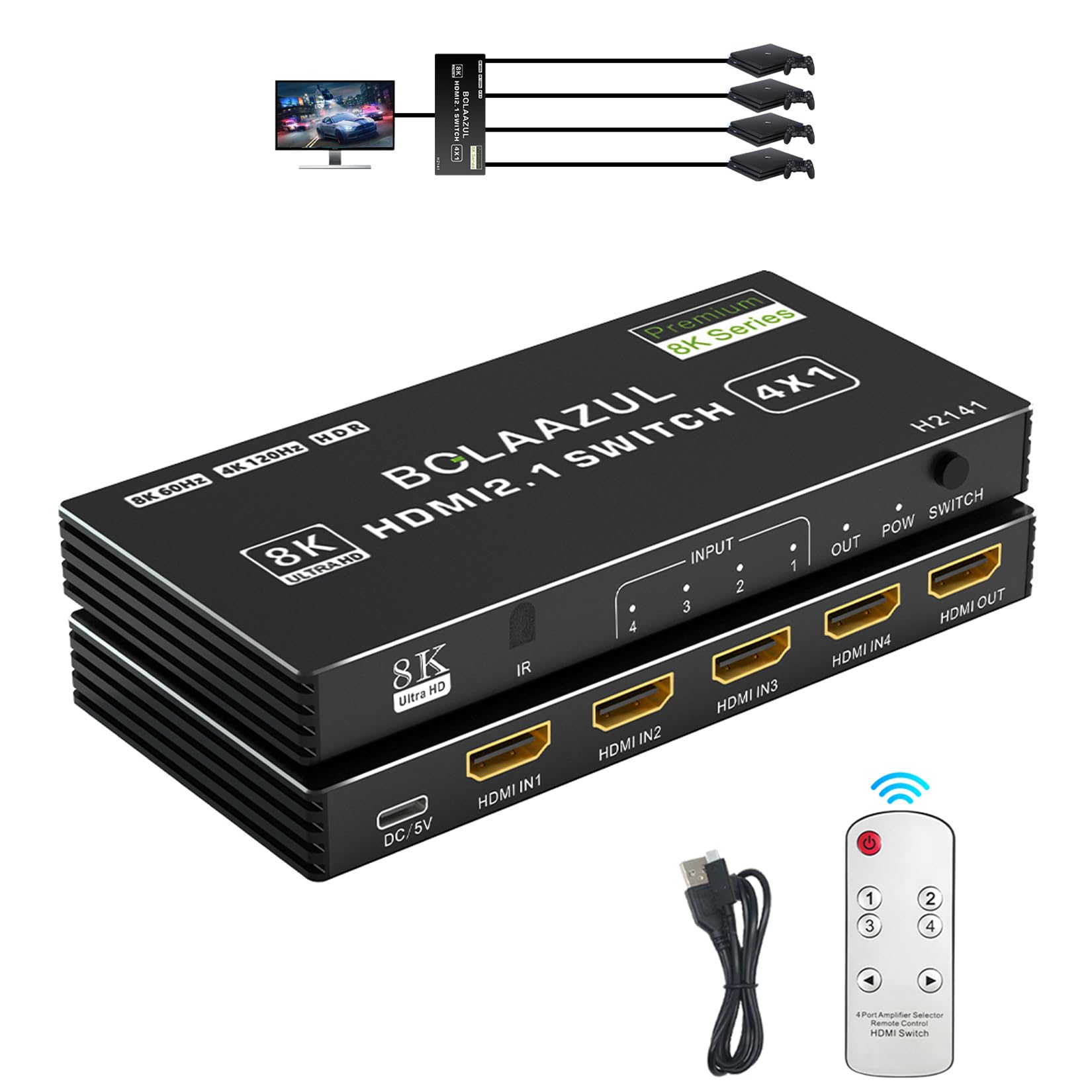 Bolaazul HDMI 2.1 Selettore Switcher 4 Porte 8K@60Hz