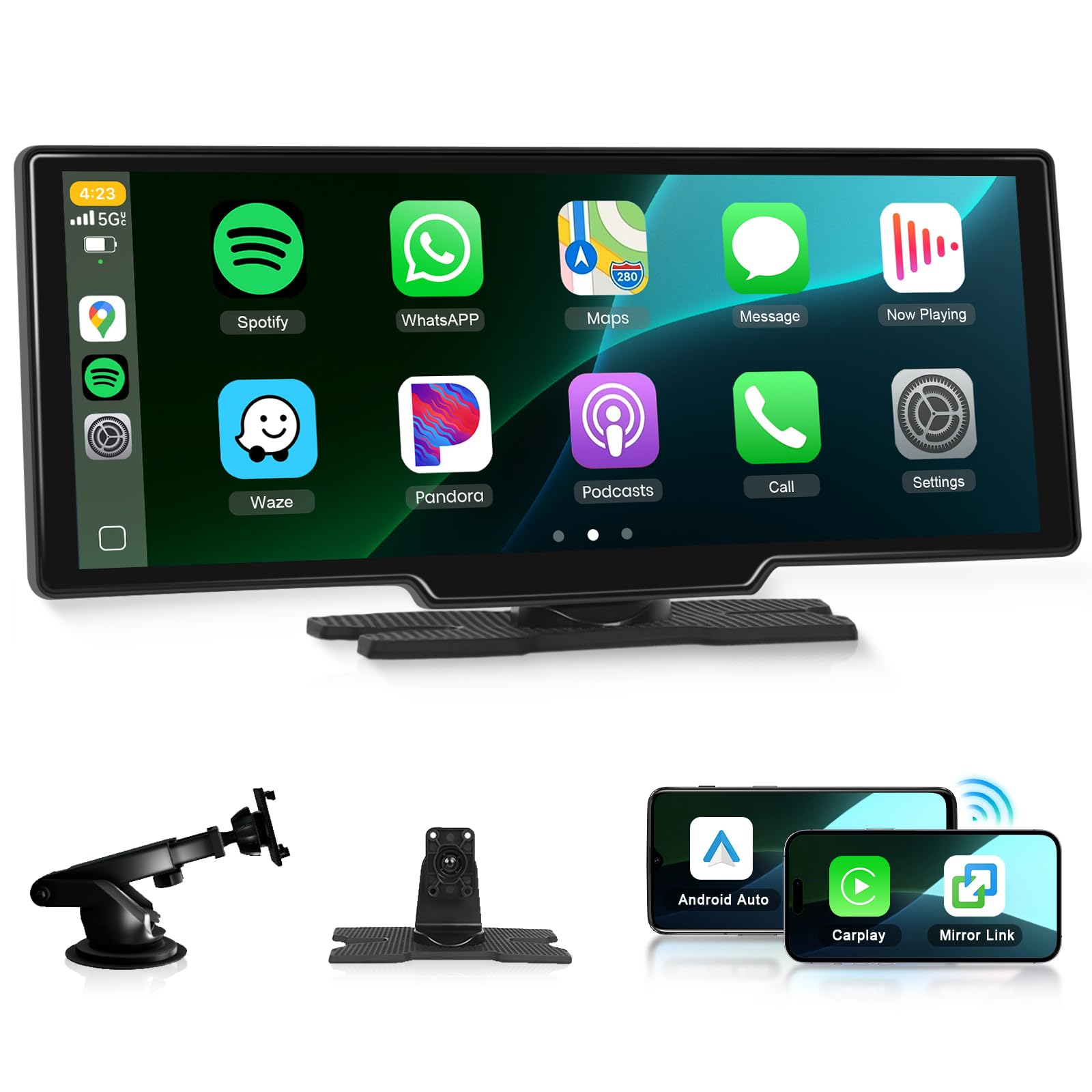 Podofo Radio Portatile 10.26" CarPlay & Android Auto Wireless