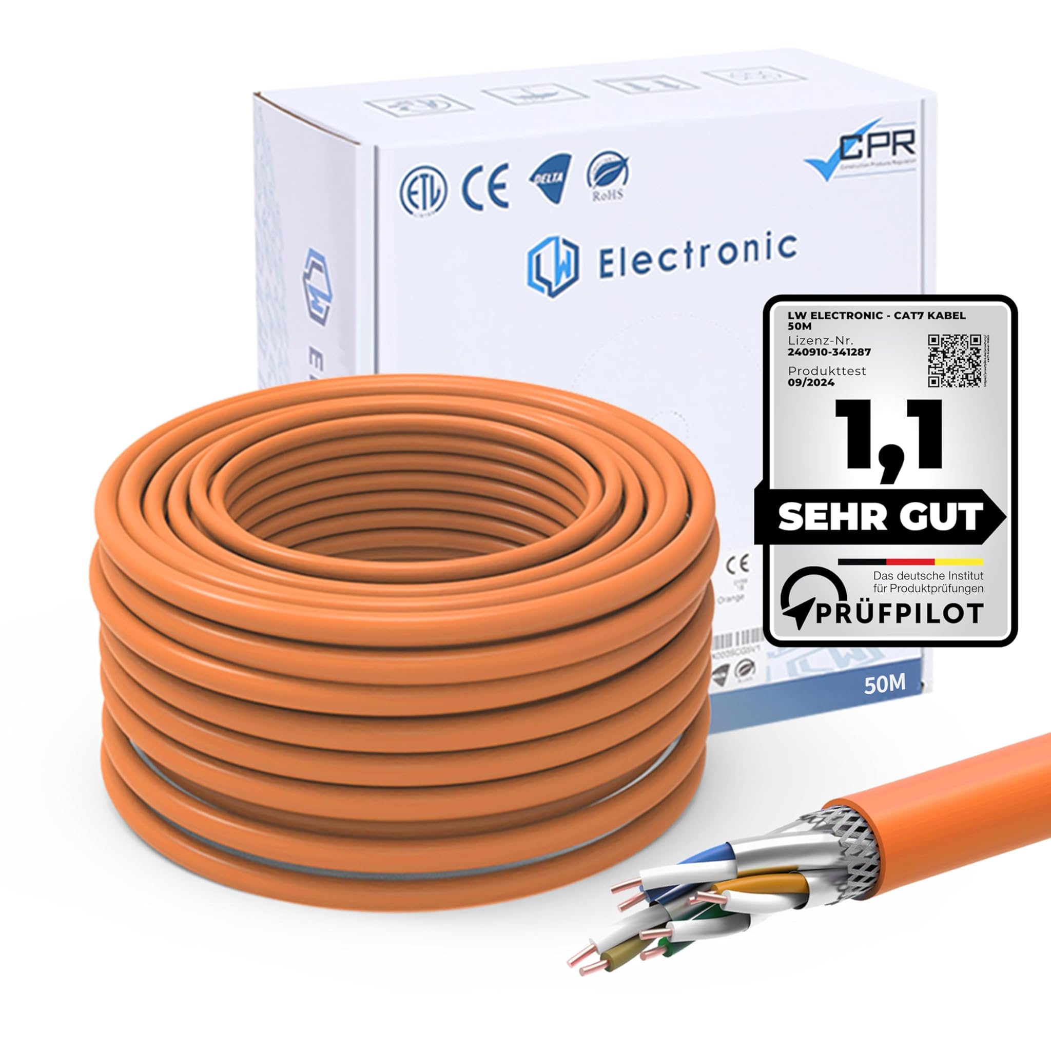 Lw Electronic 50m Cavo Ethernet CAT 7, Arancione