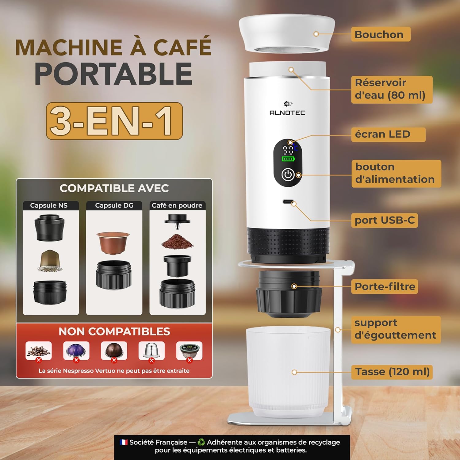 Caffettiera Espresso Portatile 80ml, Bianca - immagine 2