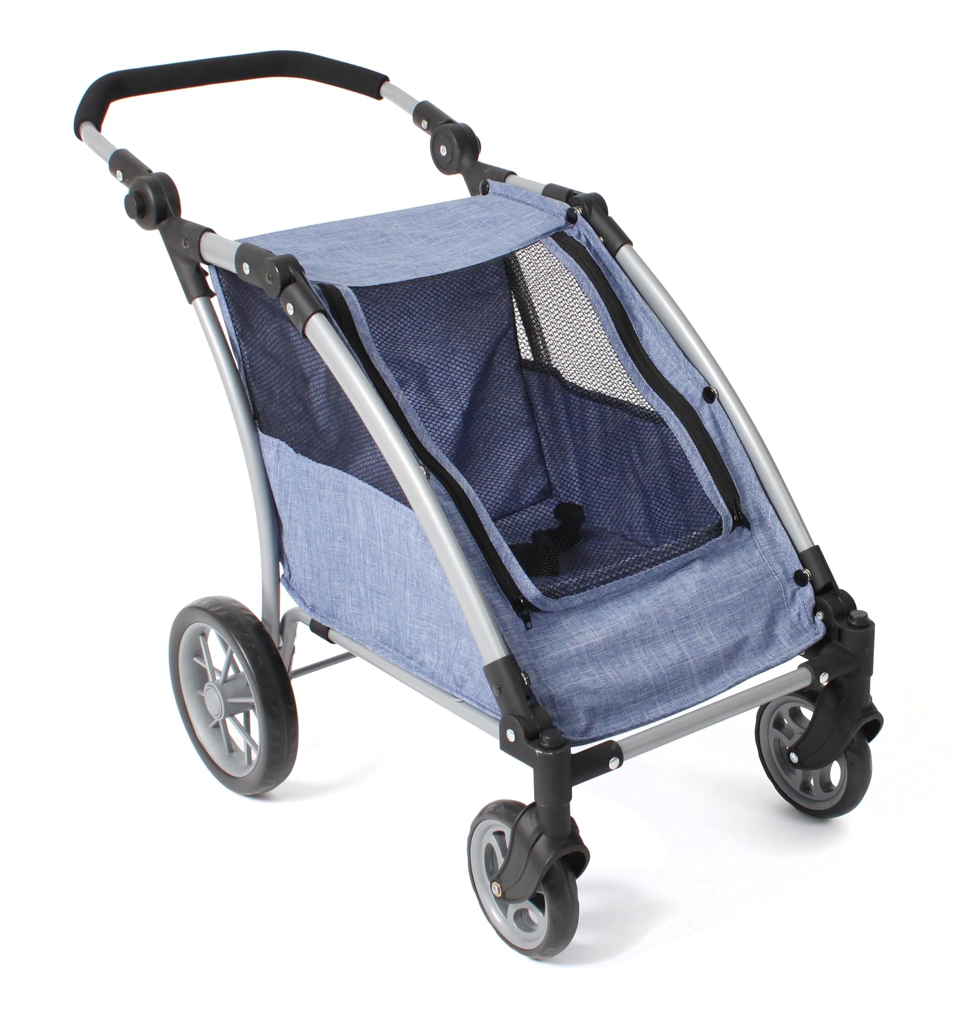 Bayer Chic 2000® Trailer per bambole Roadster - Jeans Blue - Manico regolabile in altezza 33-71 cm - Telaio moderno - per due bambole fino a 46 cm - 3-8 J