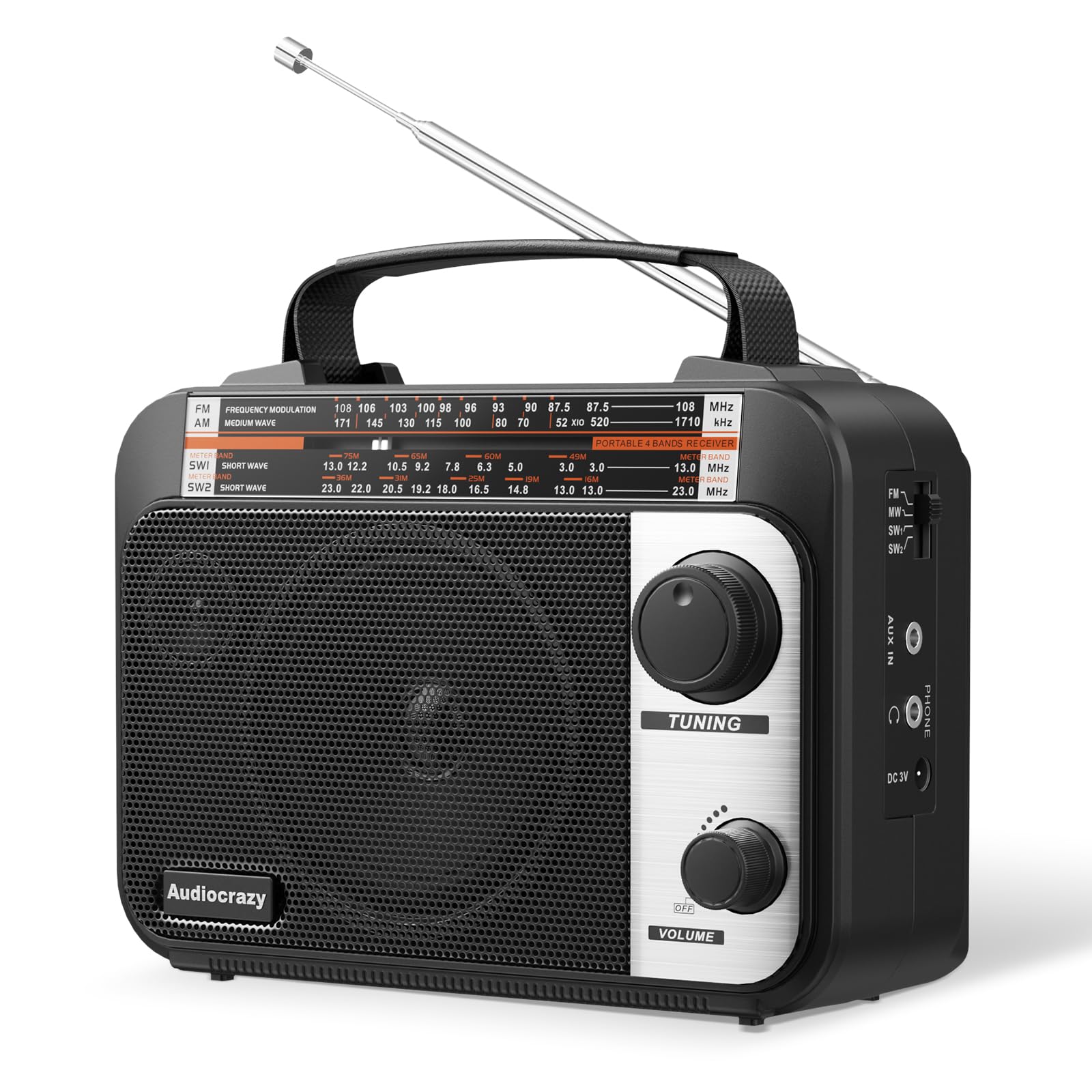 Audiocrazy Radio Portatile AM/FM/SW1-2 Multibanda, Nero